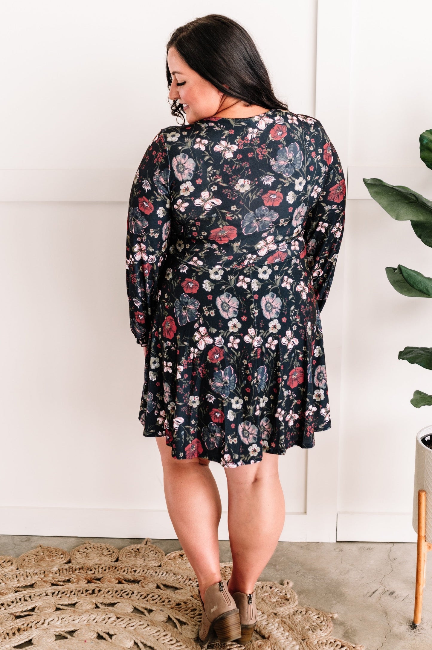 Long Sleeve Surplice Dress With Attached Shorts In Navy Florals 11.20