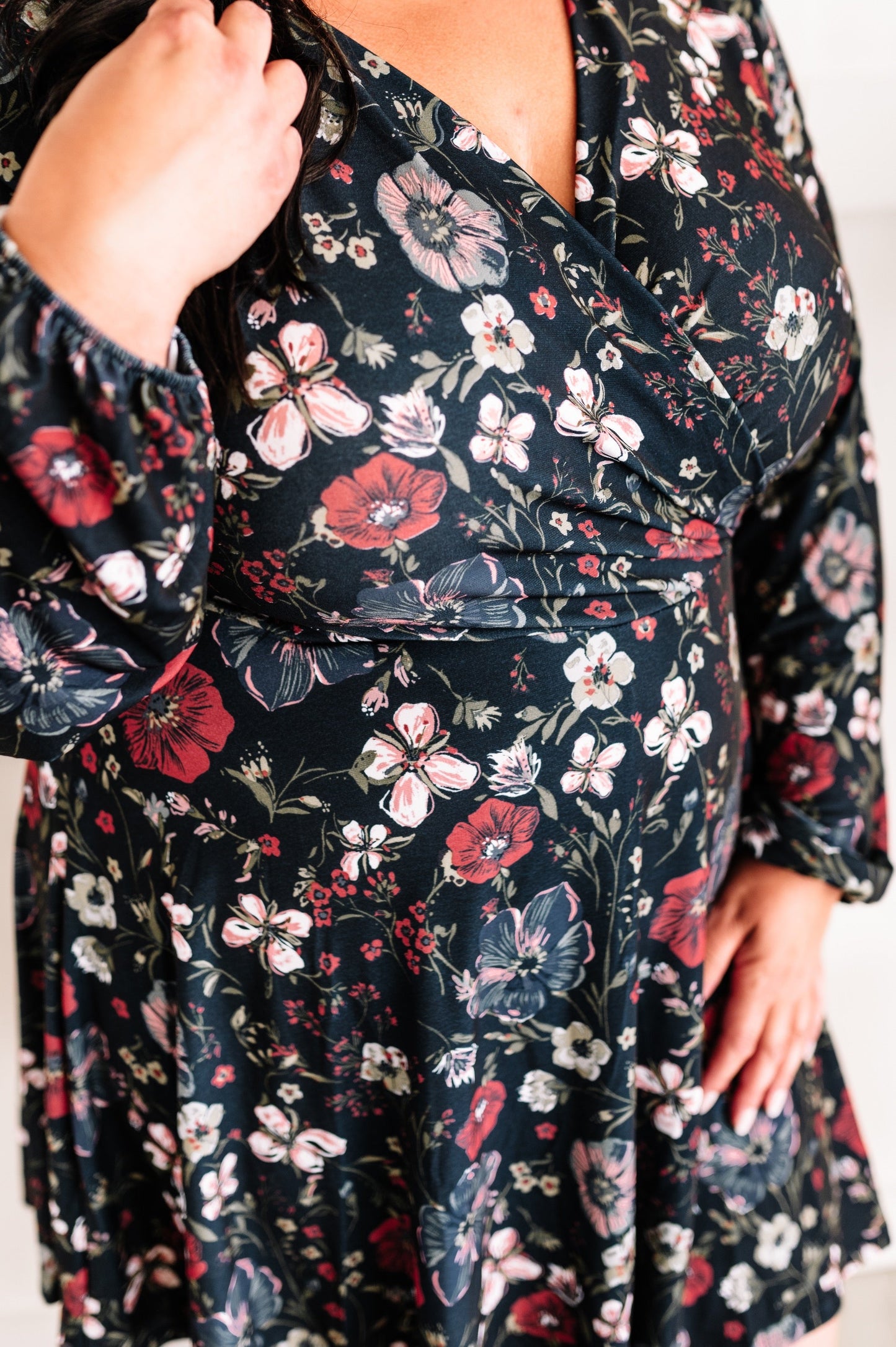 Long Sleeve Surplice Dress With Attached Shorts In Navy Florals 11.20