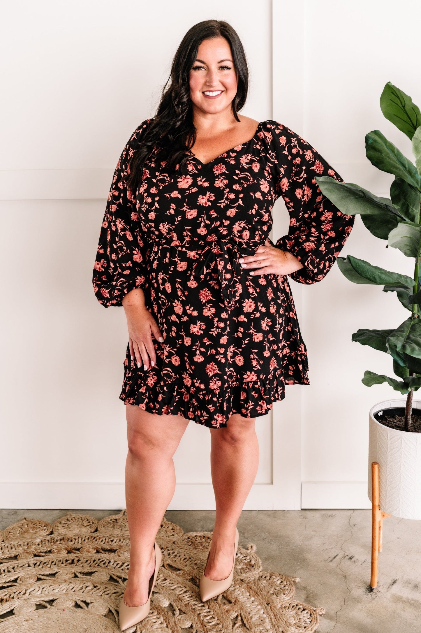 Long Sleeve Black Floral Dress With Tie Belt In Midnight Rose 11.21