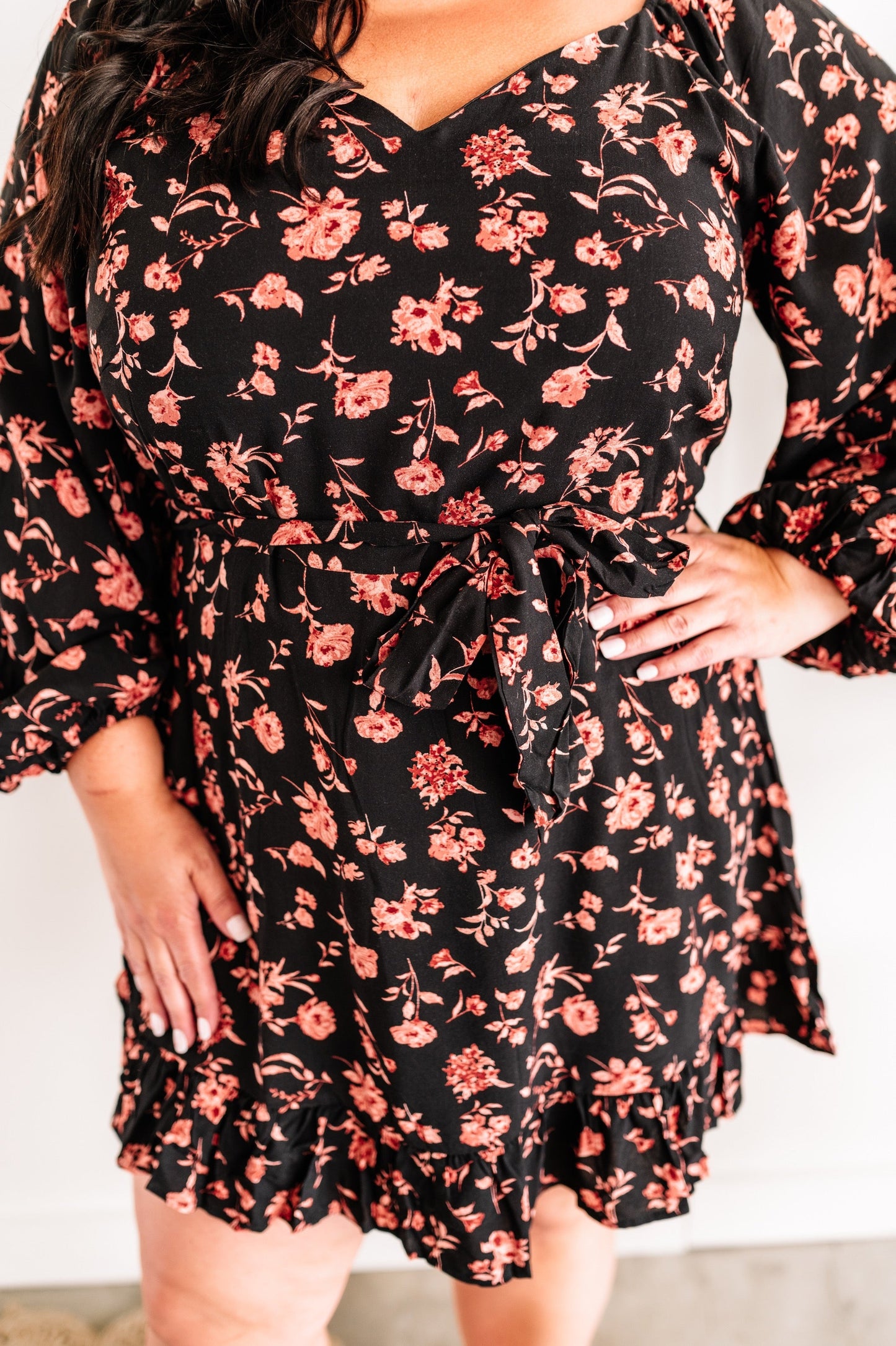 Long Sleeve Black Floral Dress With Tie Belt In Midnight Rose 11.21