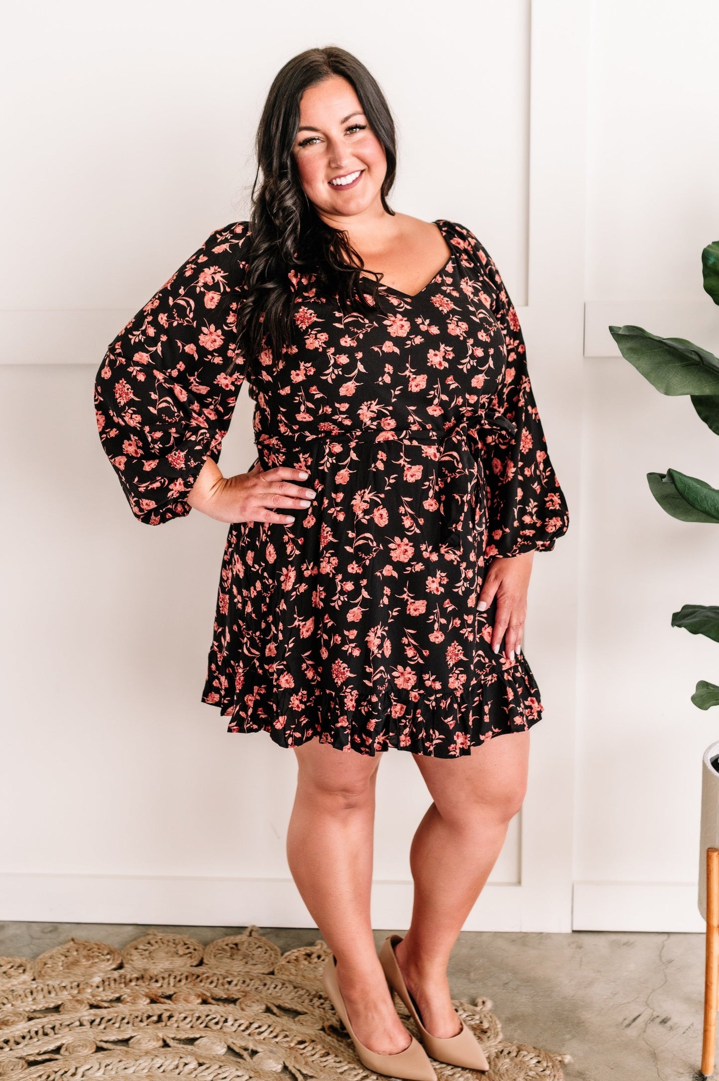 Long Sleeve Black Floral Dress With Tie Belt In Midnight Rose 11.21