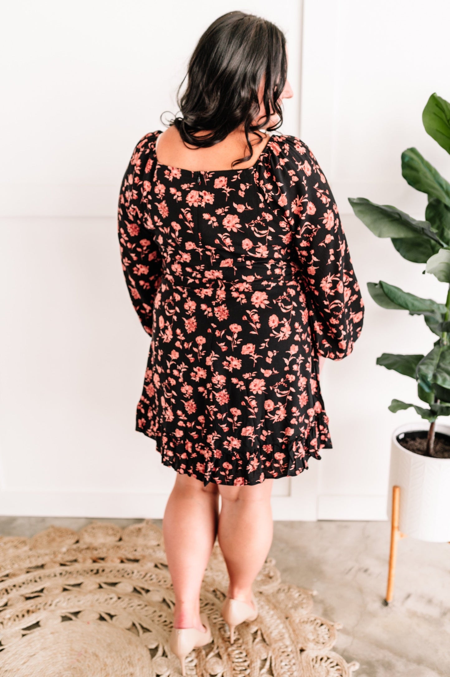 Long Sleeve Black Floral Dress With Tie Belt In Midnight Rose 11.21