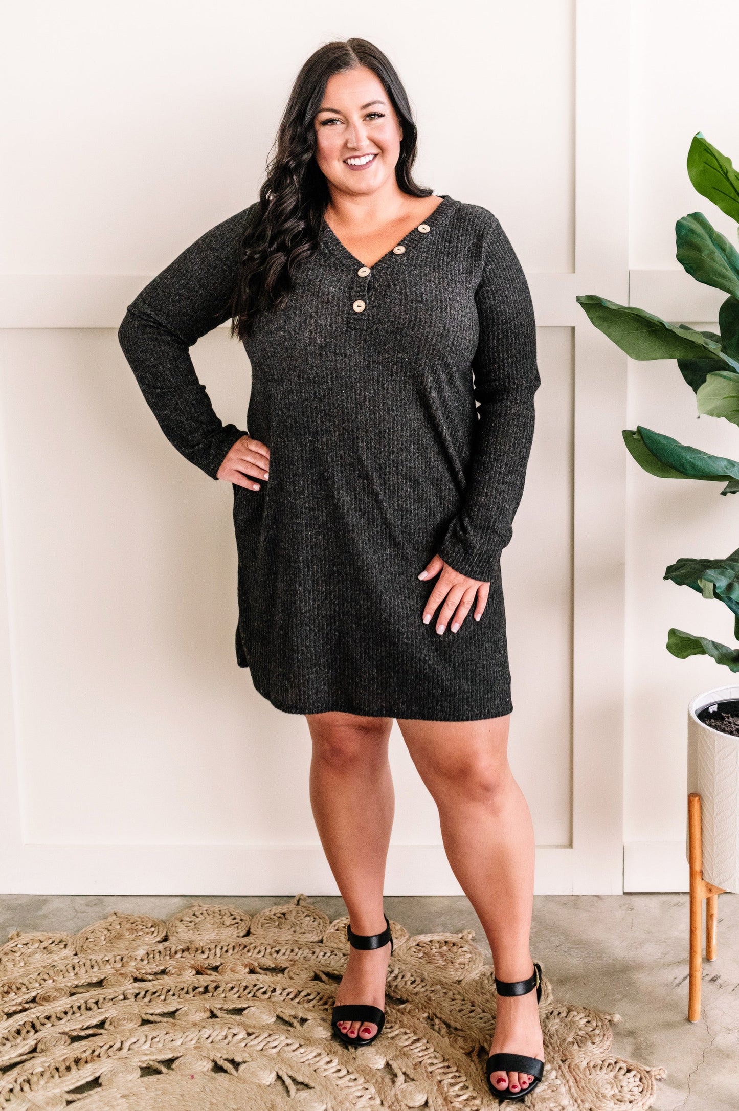 Soft Decorative Button Front Dress In Charcoal 11.22
