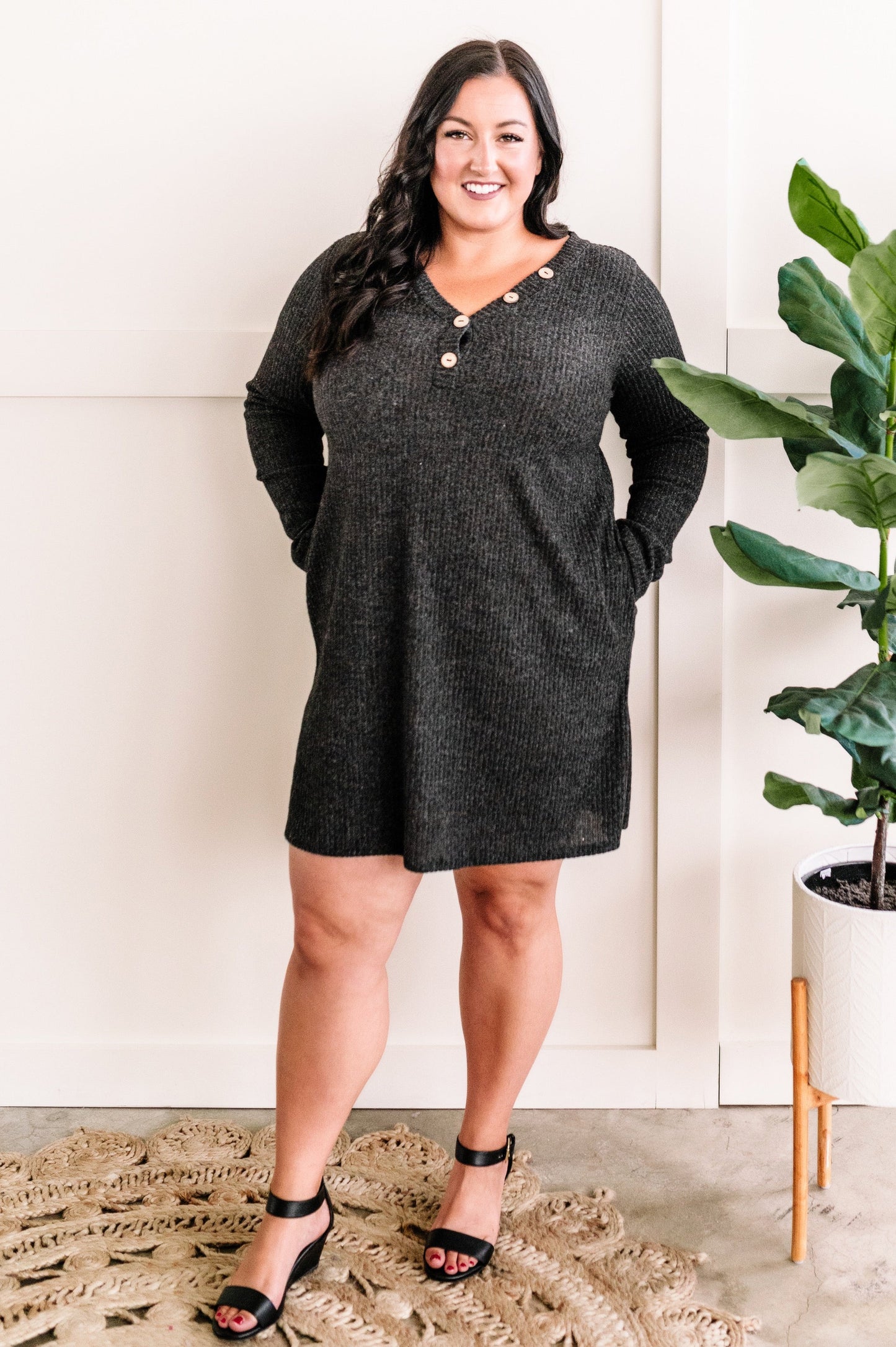 Soft Decorative Button Front Dress In Charcoal 11.22