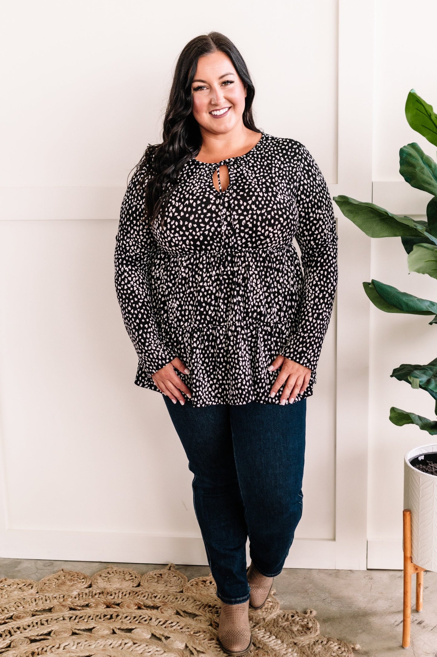 Tie Front Tiered Top In Black & White Animal Print 11.22