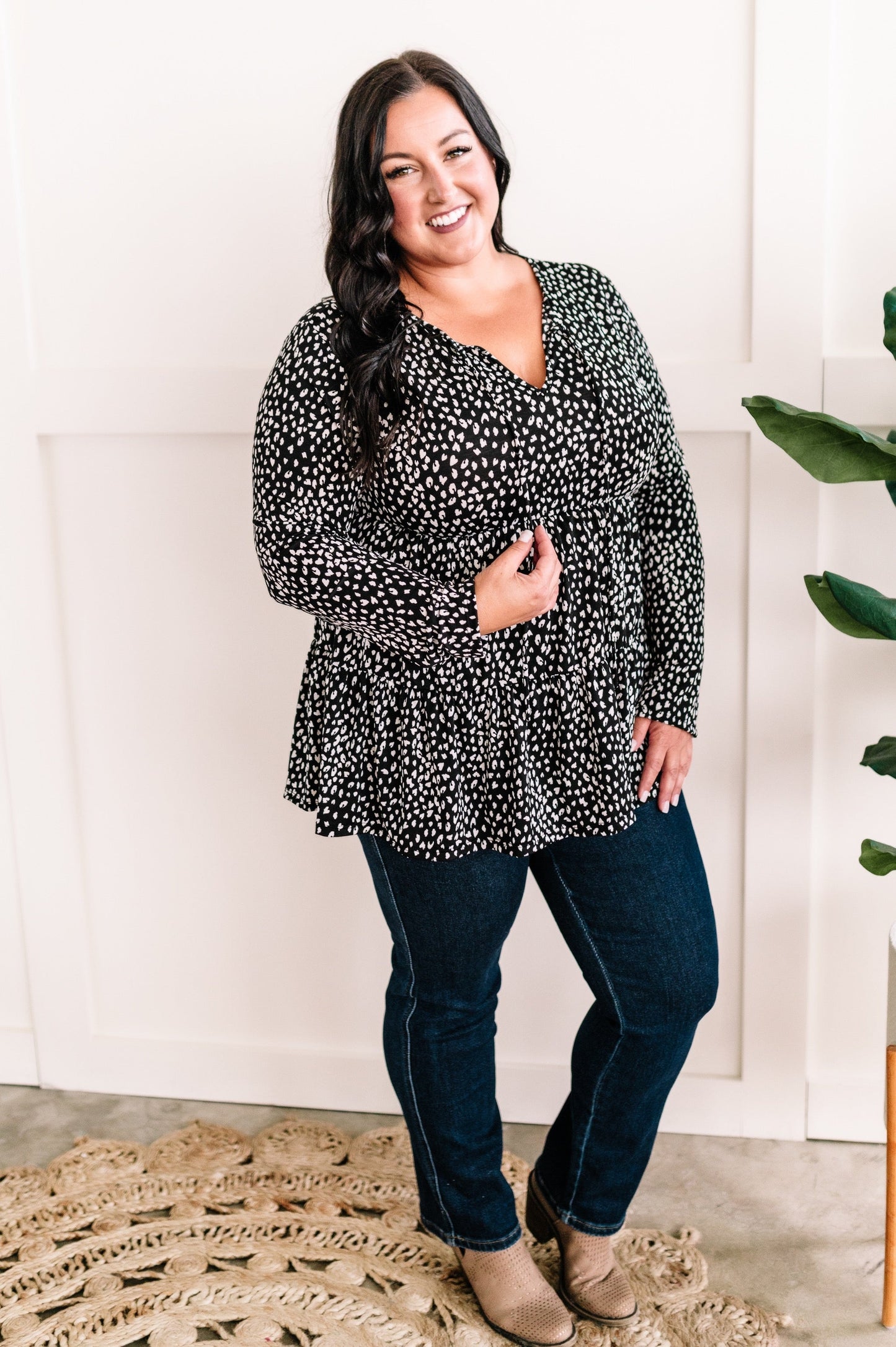 Tie Front Tiered Top In Black & White Animal Print 11.22