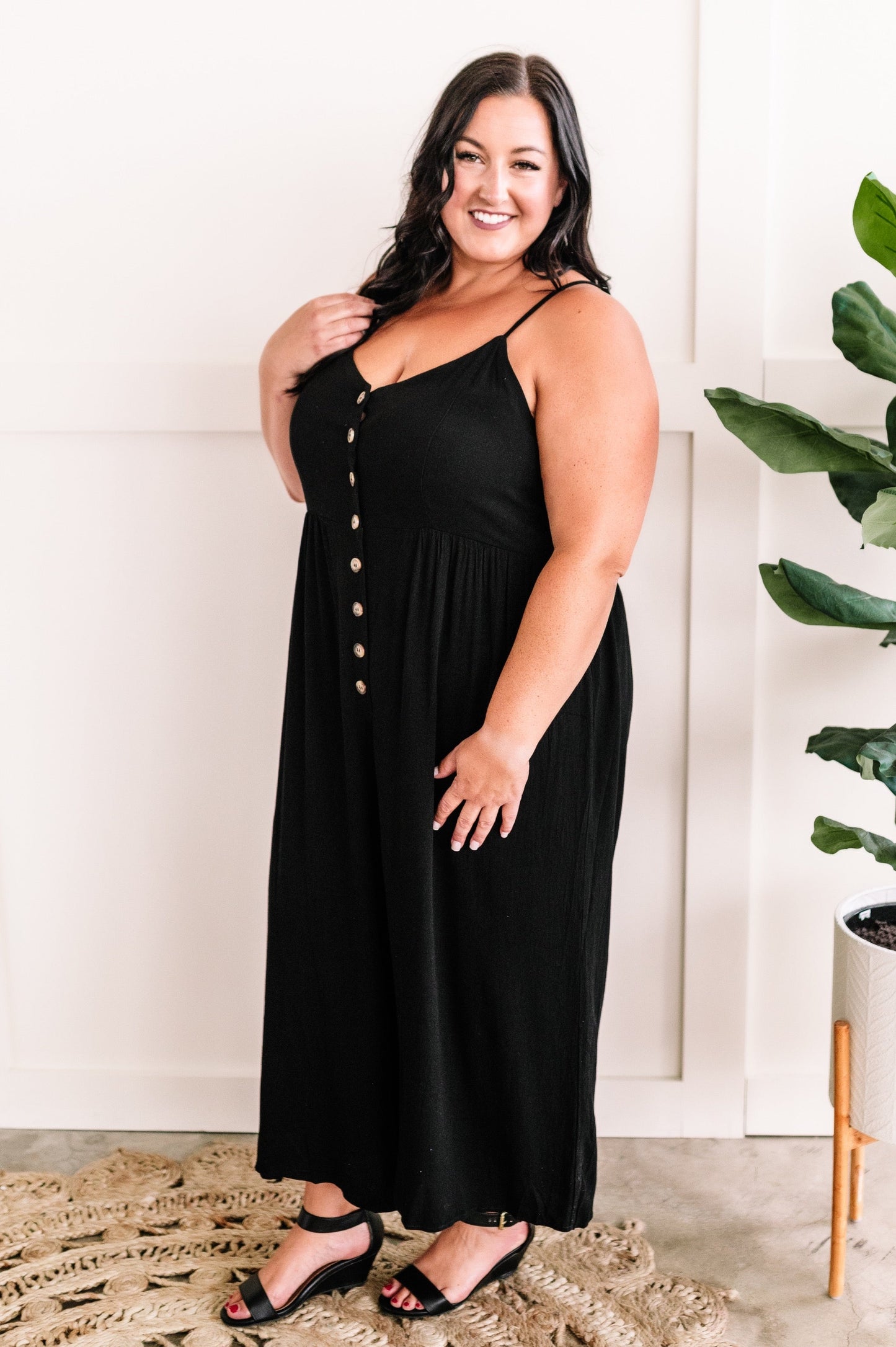 Button Down Jumpsuit In Natural Black