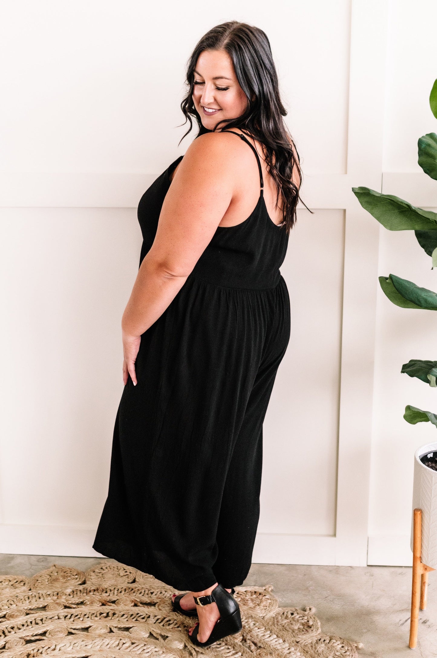 Button Down Jumpsuit In Natural Black
