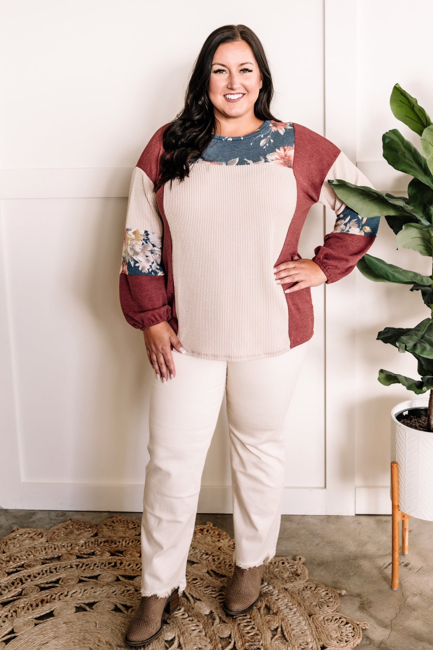 Cream Color Block Top In Rustic Fall Florals