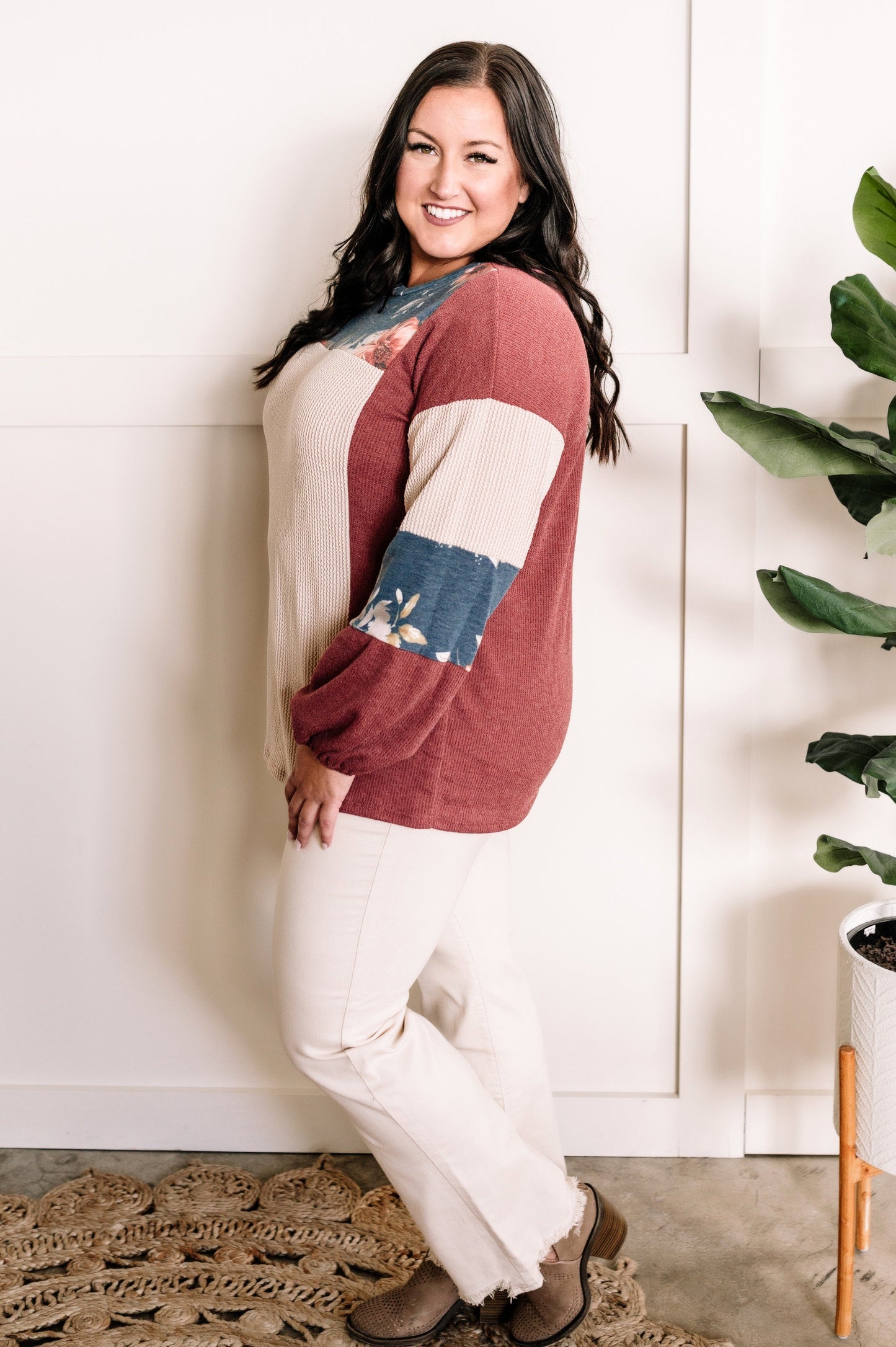 Cream Color Block Top In Rustic Fall Florals