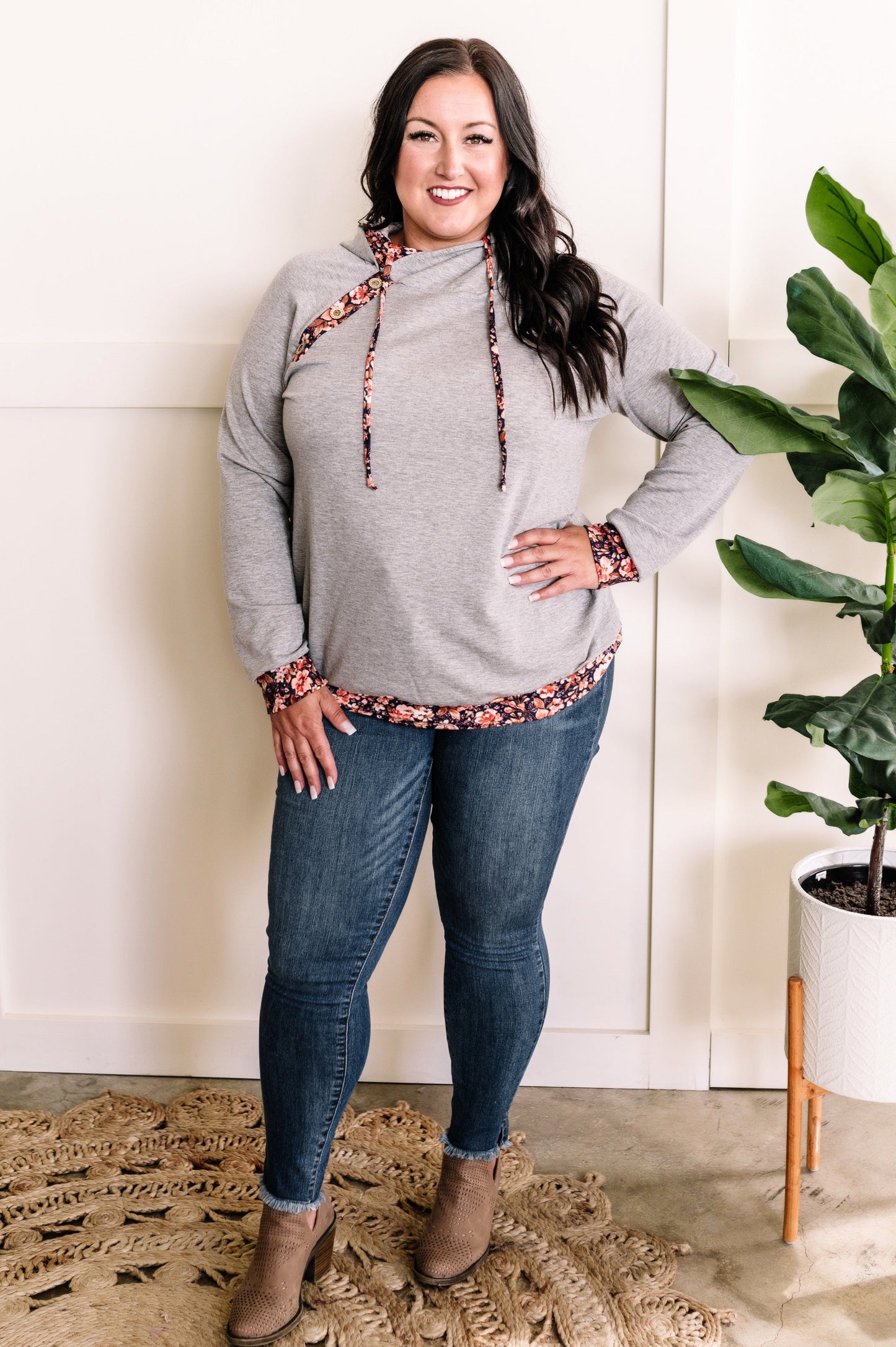 Grey Button Detail Shoulder Hoodie In Navy Florals 11.24