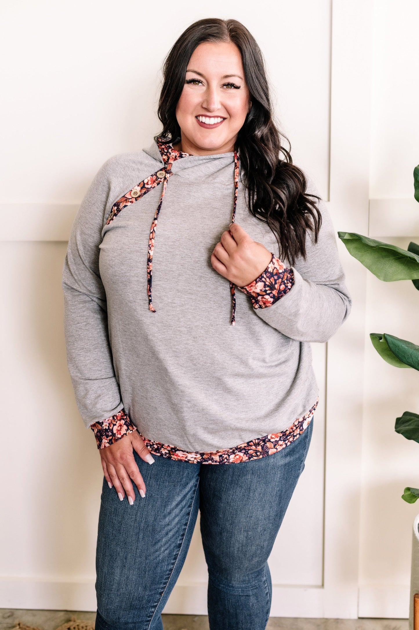 Grey Button Detail Shoulder Hoodie In Navy Florals 11.24