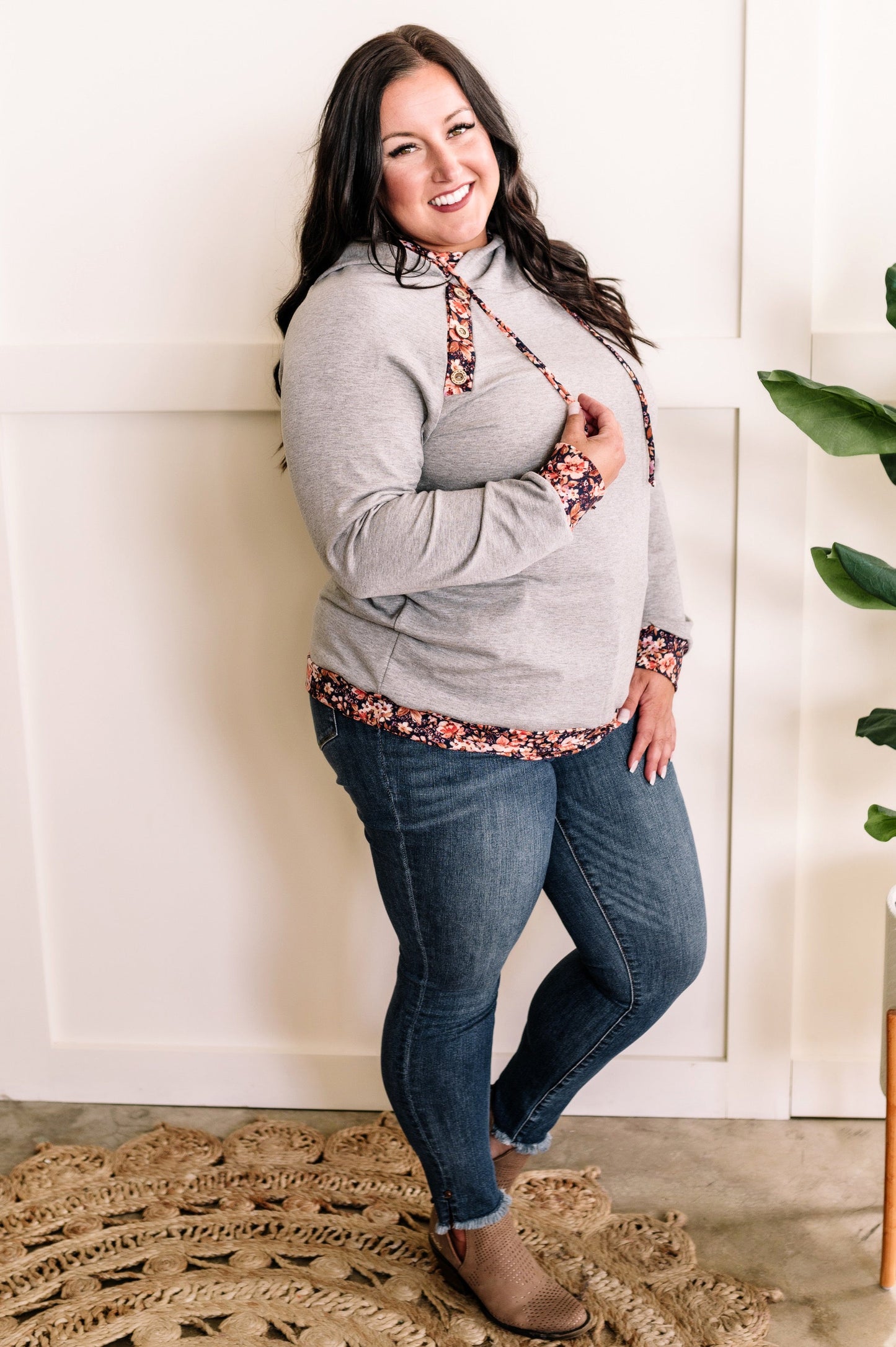 Grey Button Detail Shoulder Hoodie In Navy Florals 11.24