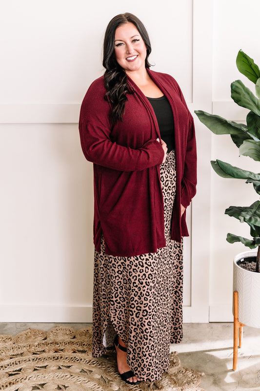 Cashmere Soft Open Front Cardigan With Pockets In Rich Heathered Burgundy 11.24