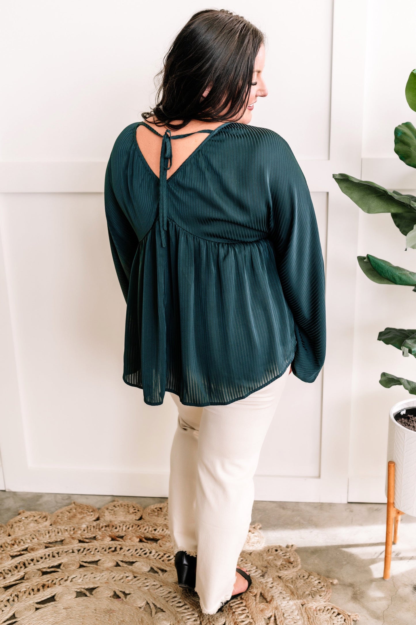 Elegant Shadowed Blouse With Tie Back Detail In Midnight Emerald 11.20