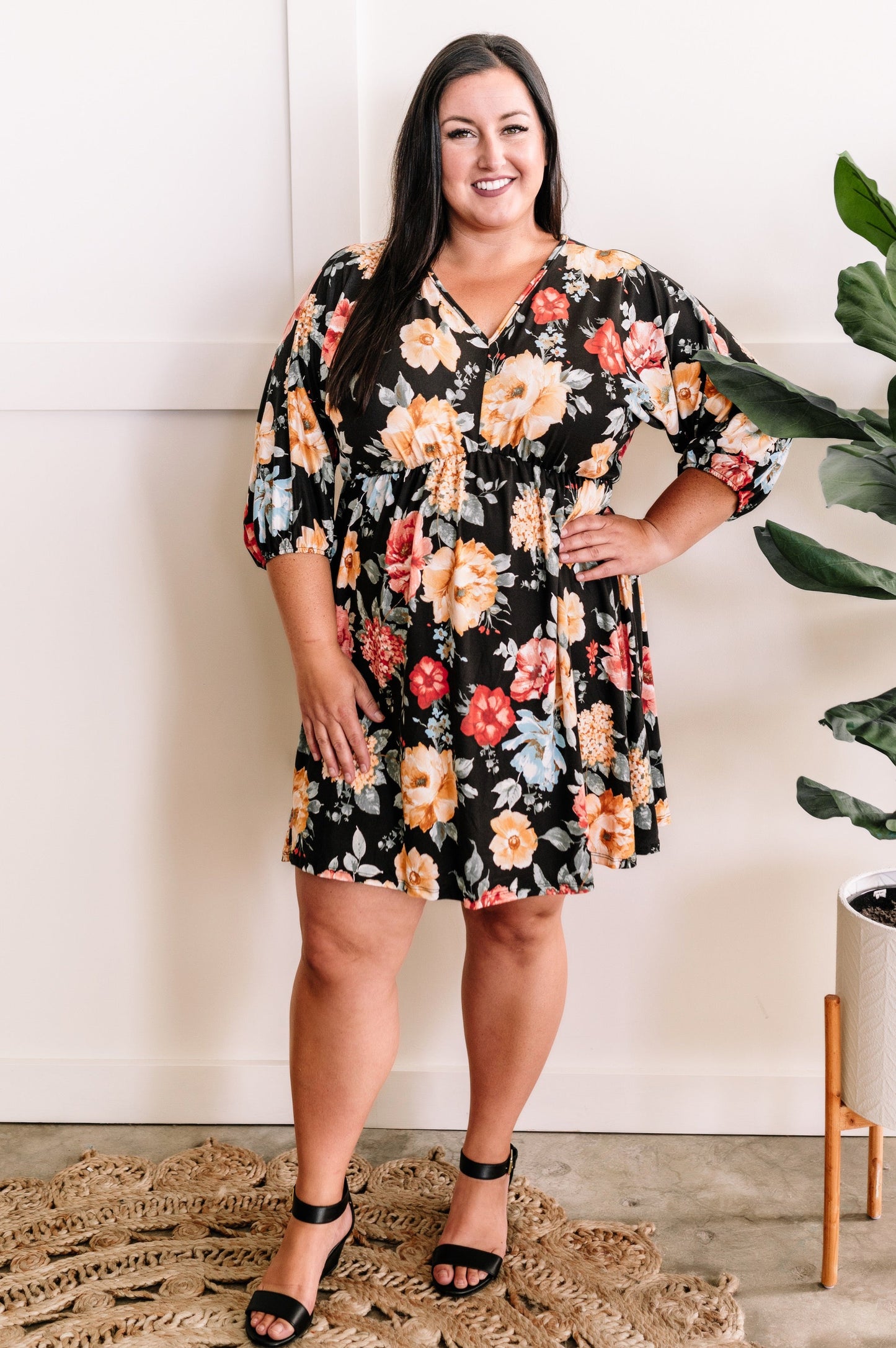 Empire Waist Dress With Tie Back Detail In Black & Warm Florals 11.21
