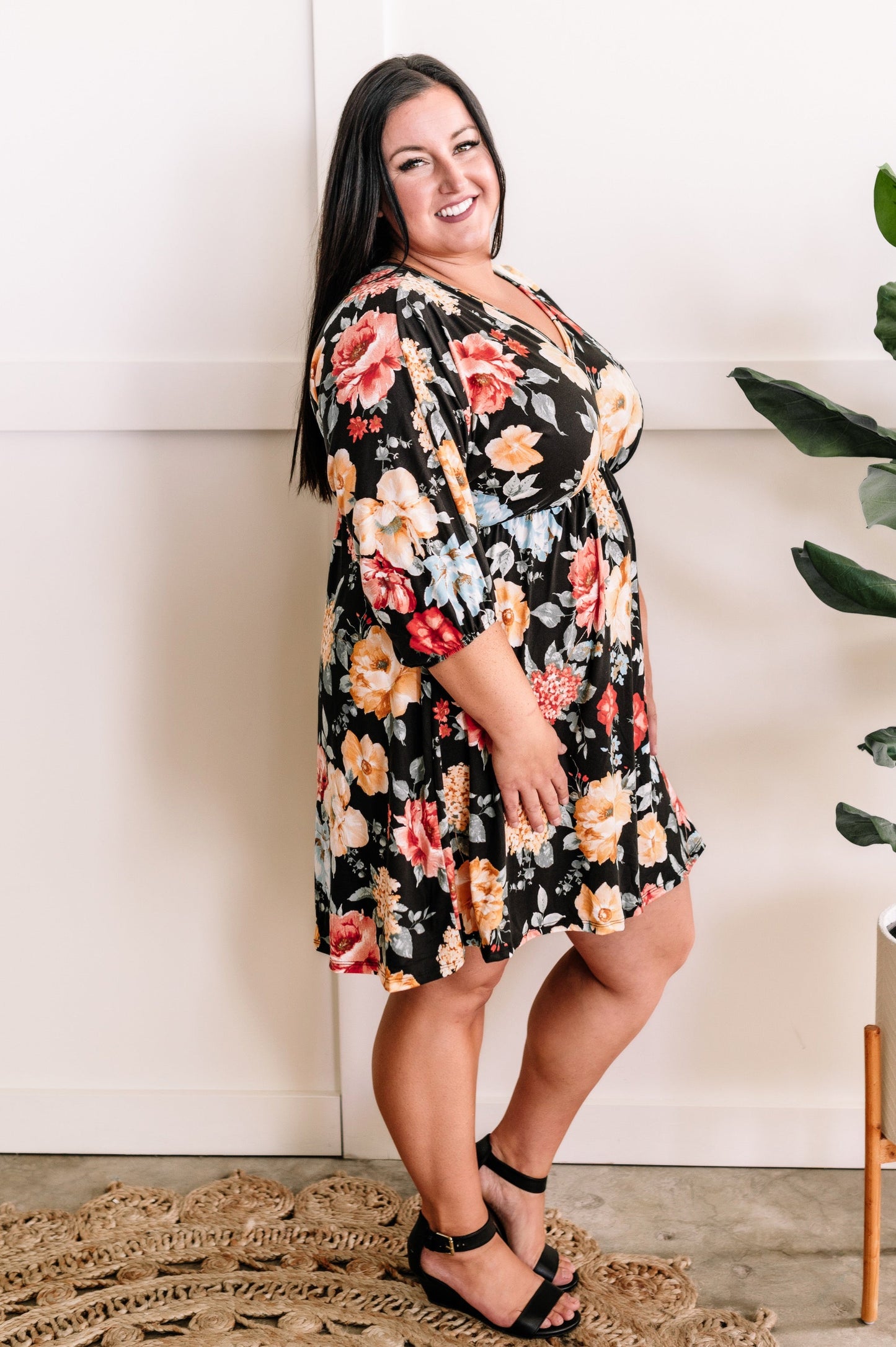 Empire Waist Dress With Tie Back Detail In Black & Warm Florals 11.21