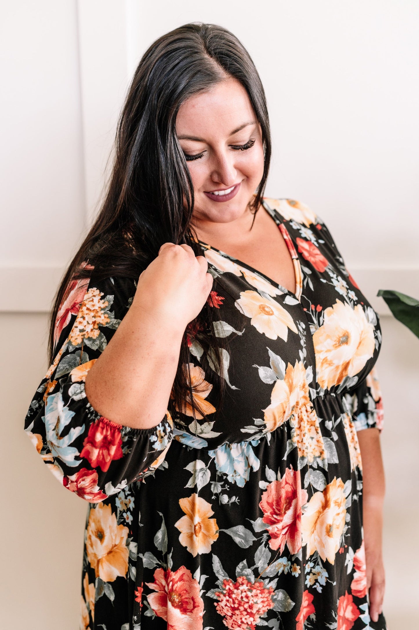 Empire Waist Dress With Tie Back Detail In Black & Warm Florals 11.21