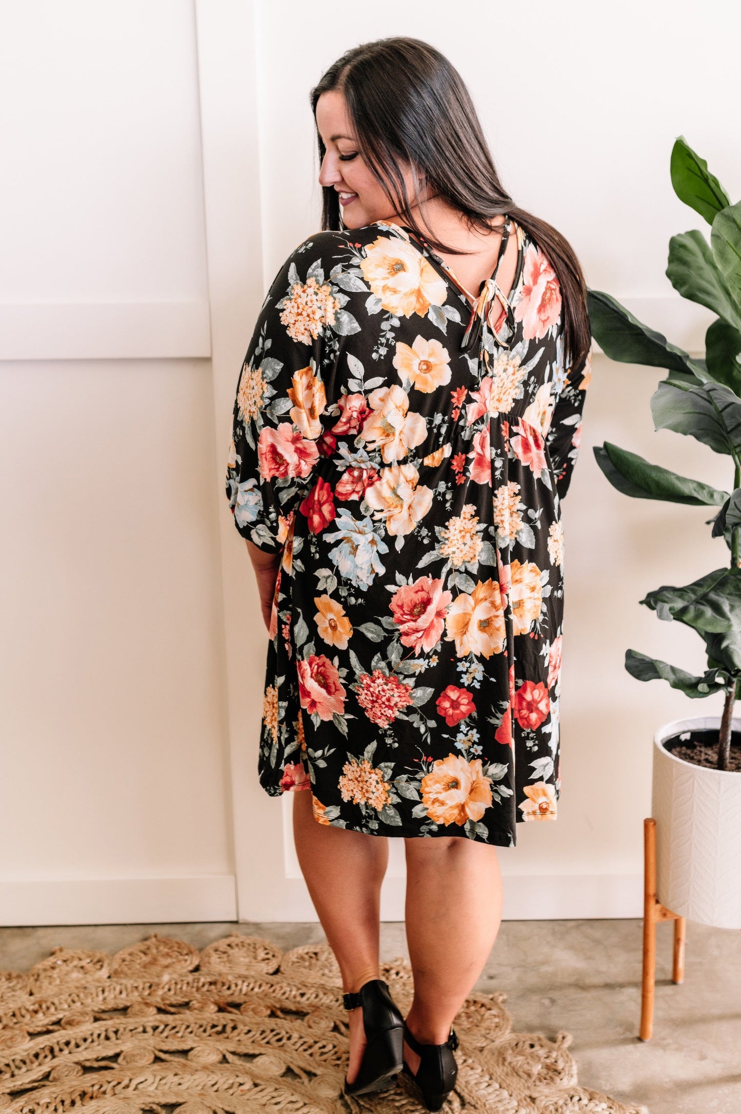 Empire Waist Dress With Tie Back Detail In Black & Warm Florals 11.21