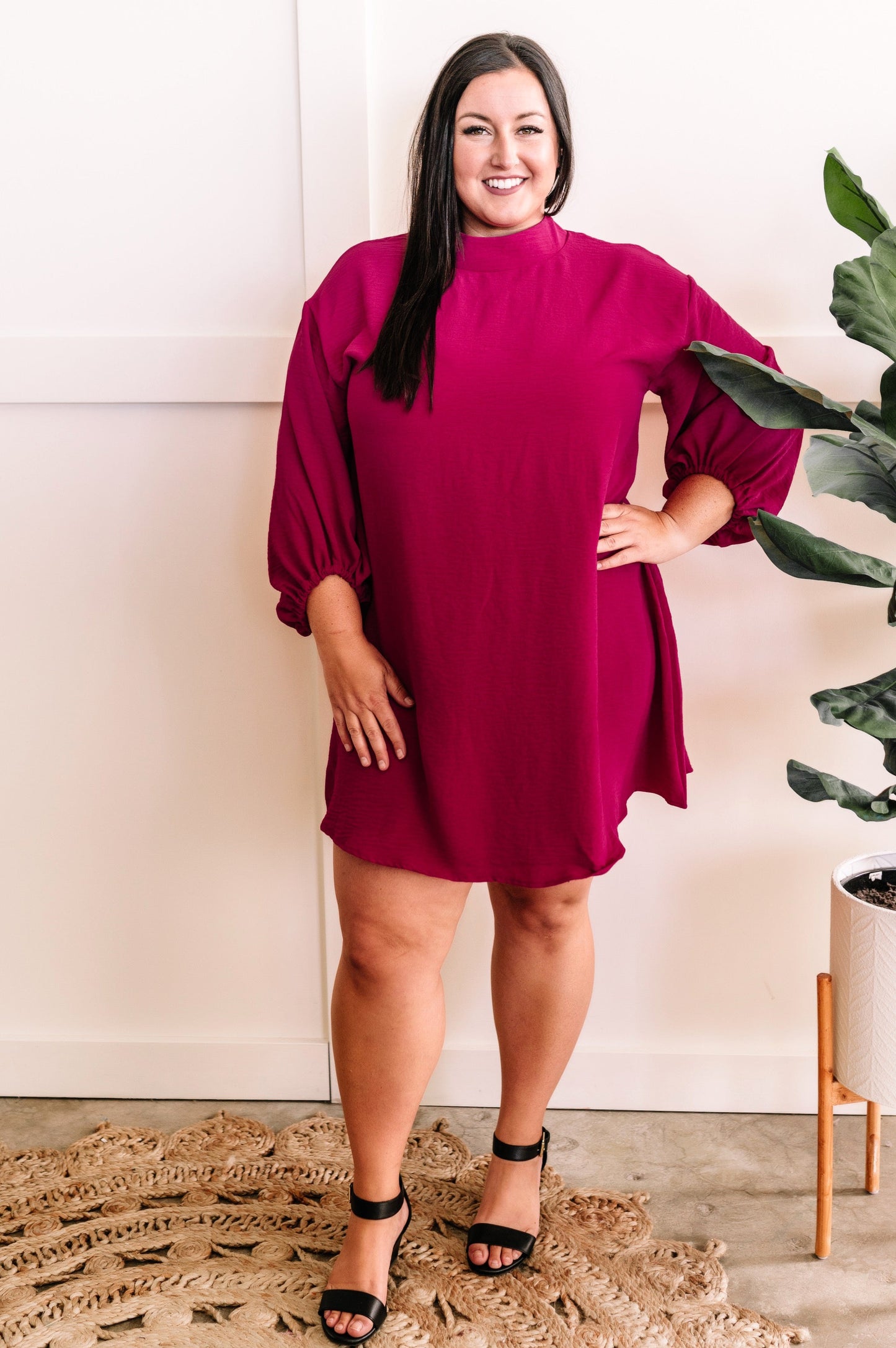 Mock Neck Long Sleeve Dress In Deep Magenta