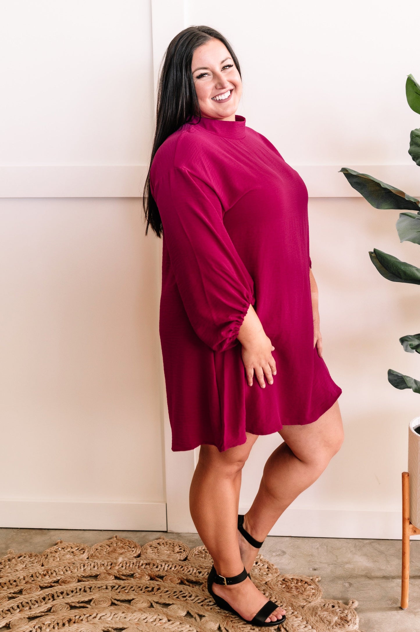 Mock Neck Long Sleeve Dress In Deep Magenta
