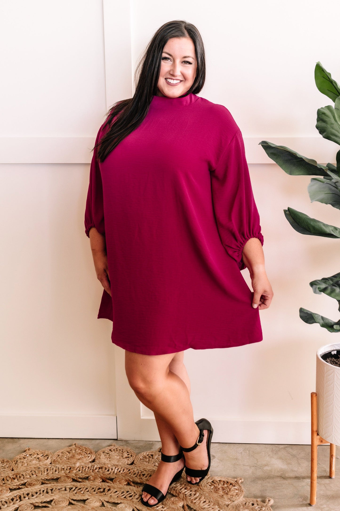 Mock Neck Long Sleeve Dress In Deep Magenta