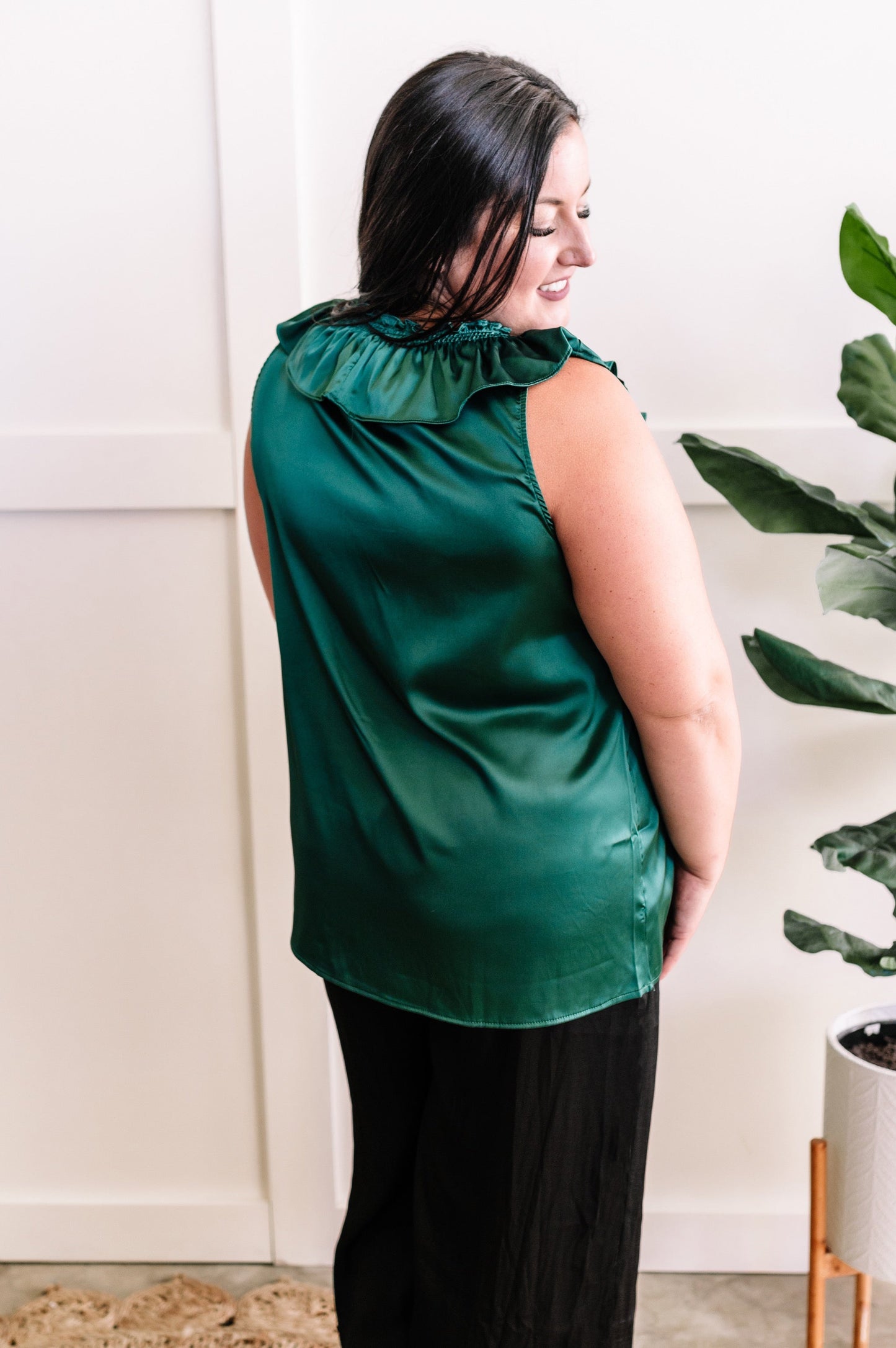 Satin Ruffled V Neck Blouse In Rich Emerald Green 11.21