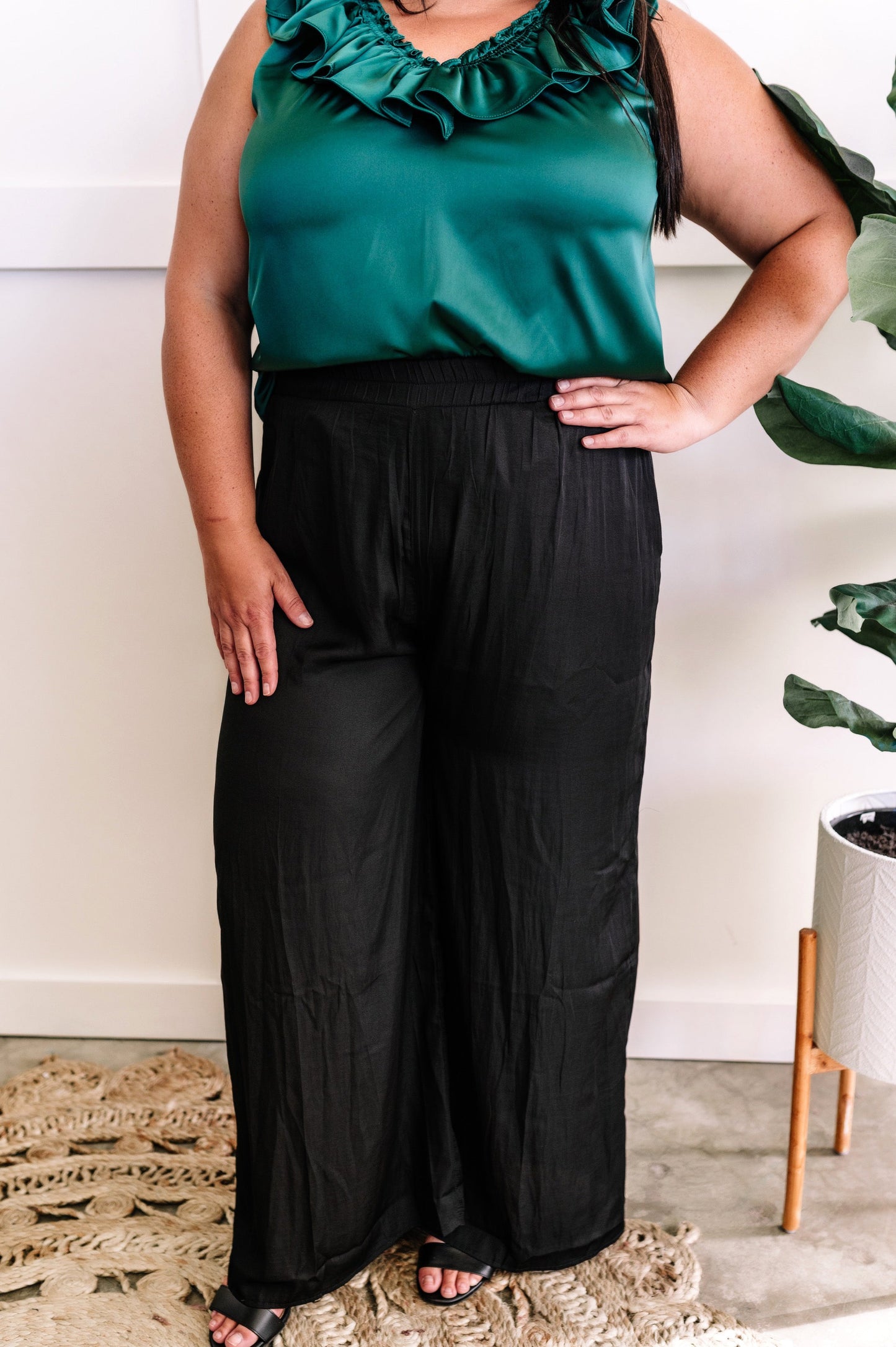 Wide Leg Satin Dress Pants In Black