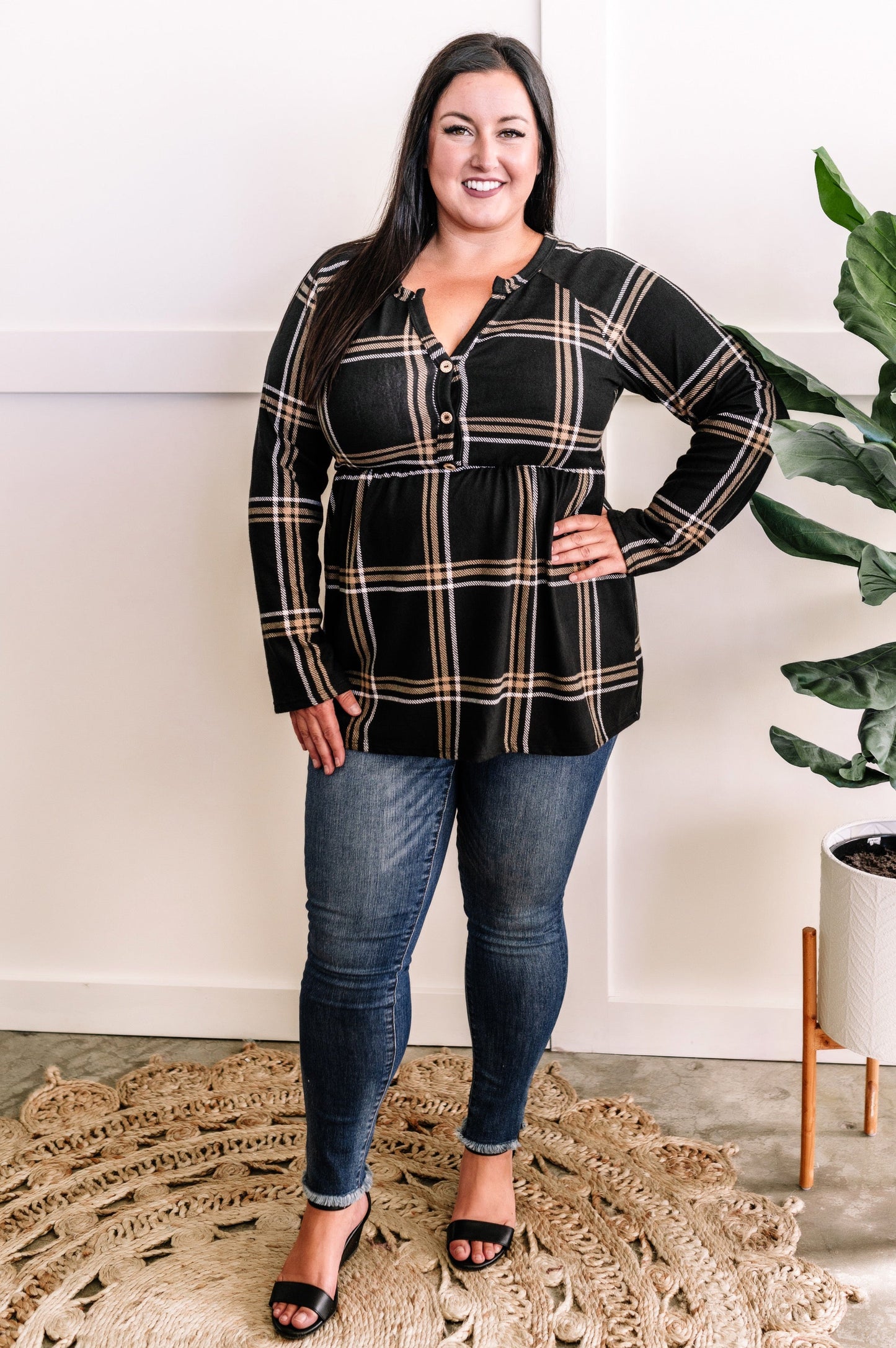 Ultra Soft Button Front Babydoll Top In Black Plaid 11.22