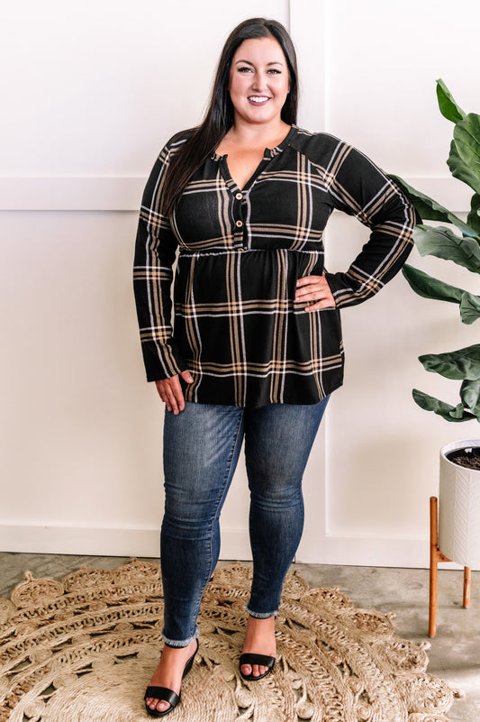 Ultra Soft Button Front Babydoll Top In Black Plaid 11.22