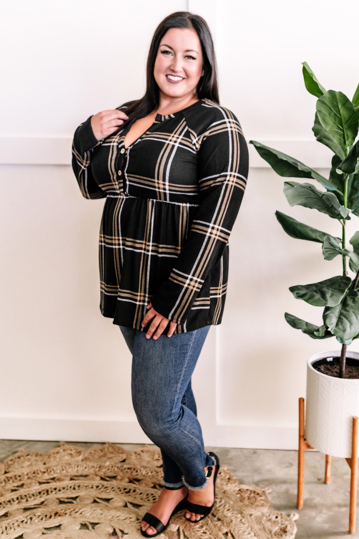 Ultra Soft Button Front Babydoll Top In Black Plaid 11.22
