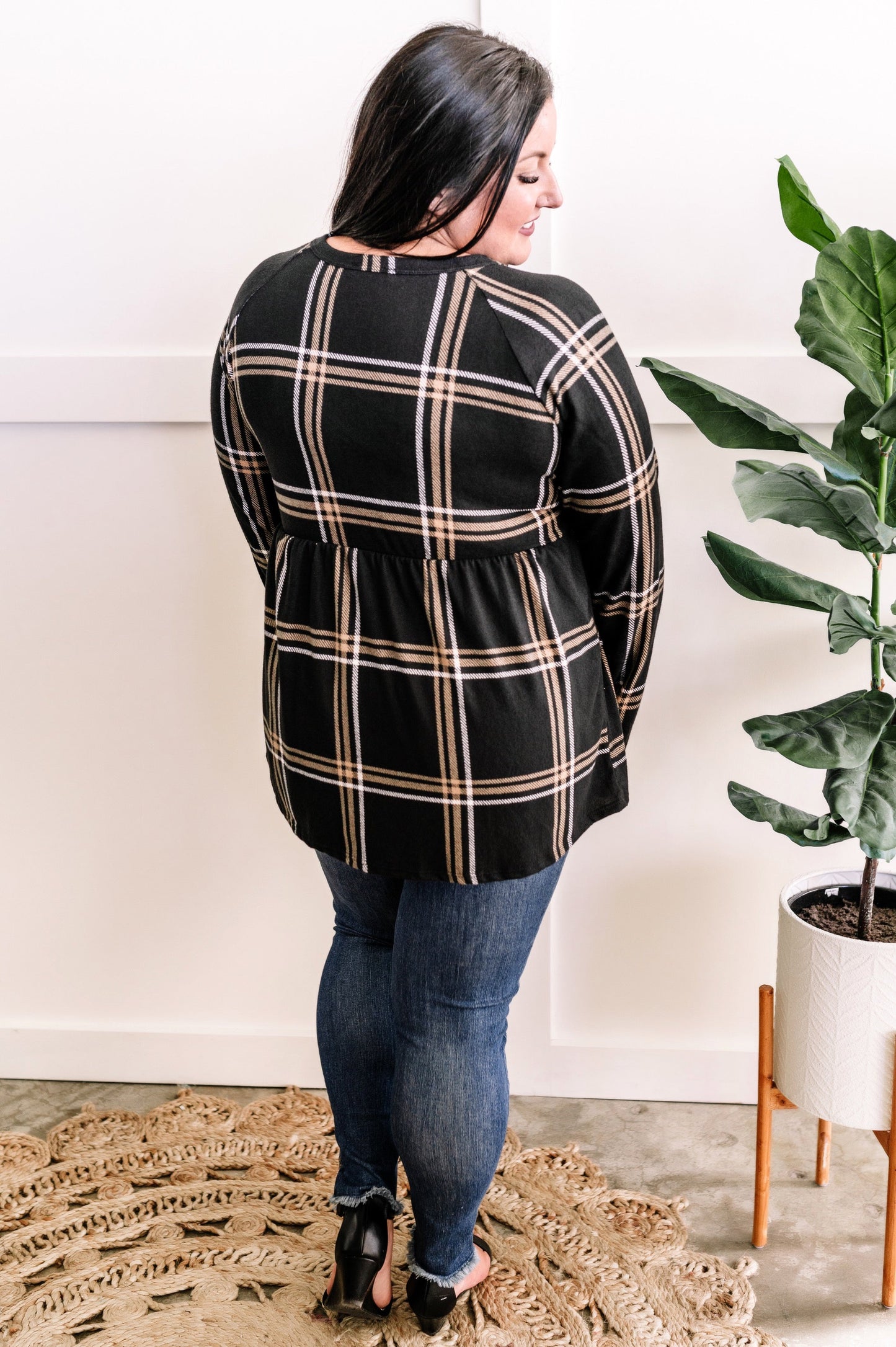 Ultra Soft Button Front Babydoll Top In Black Plaid 11.22