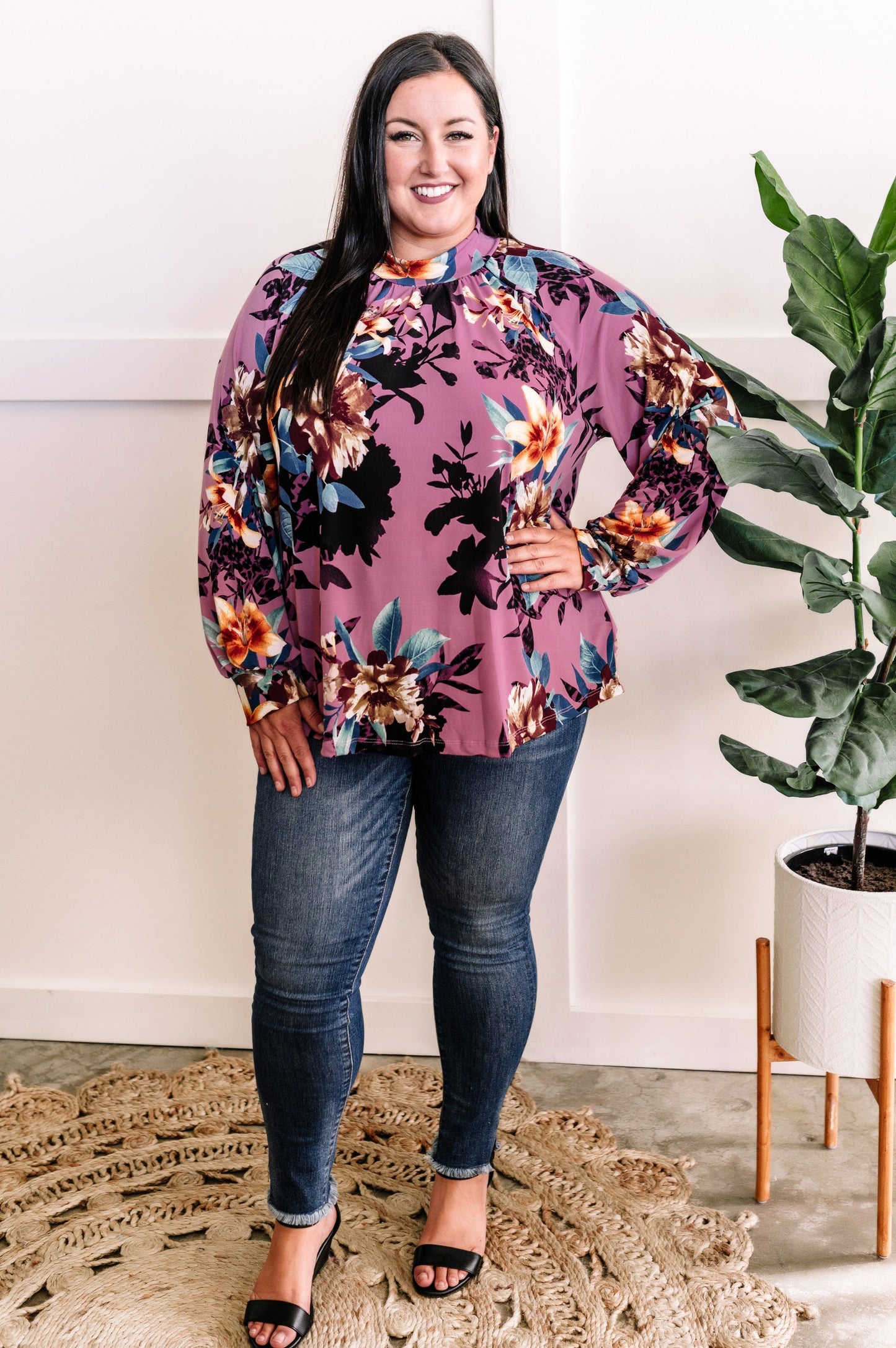 Mock Neck Long Sleeve Floral Top In French Violet 11.20