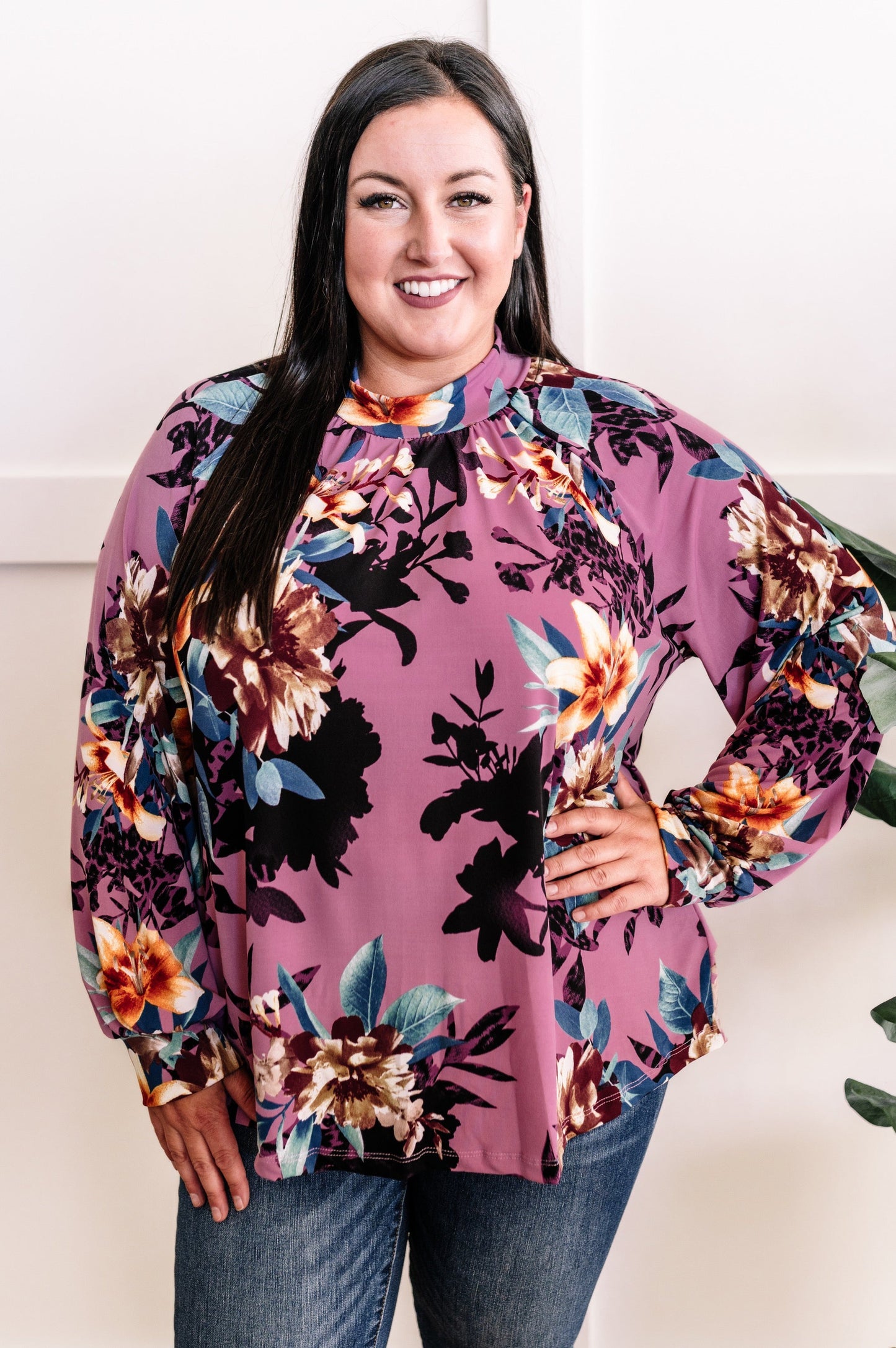Mock Neck Long Sleeve Floral Top In French Violet 11.20