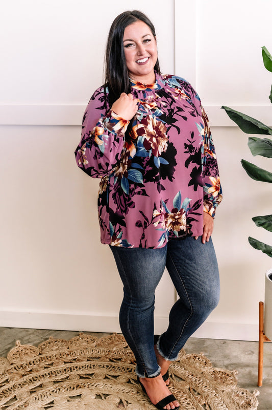 Mock Neck Long Sleeve Floral Top In French Violet 11.20