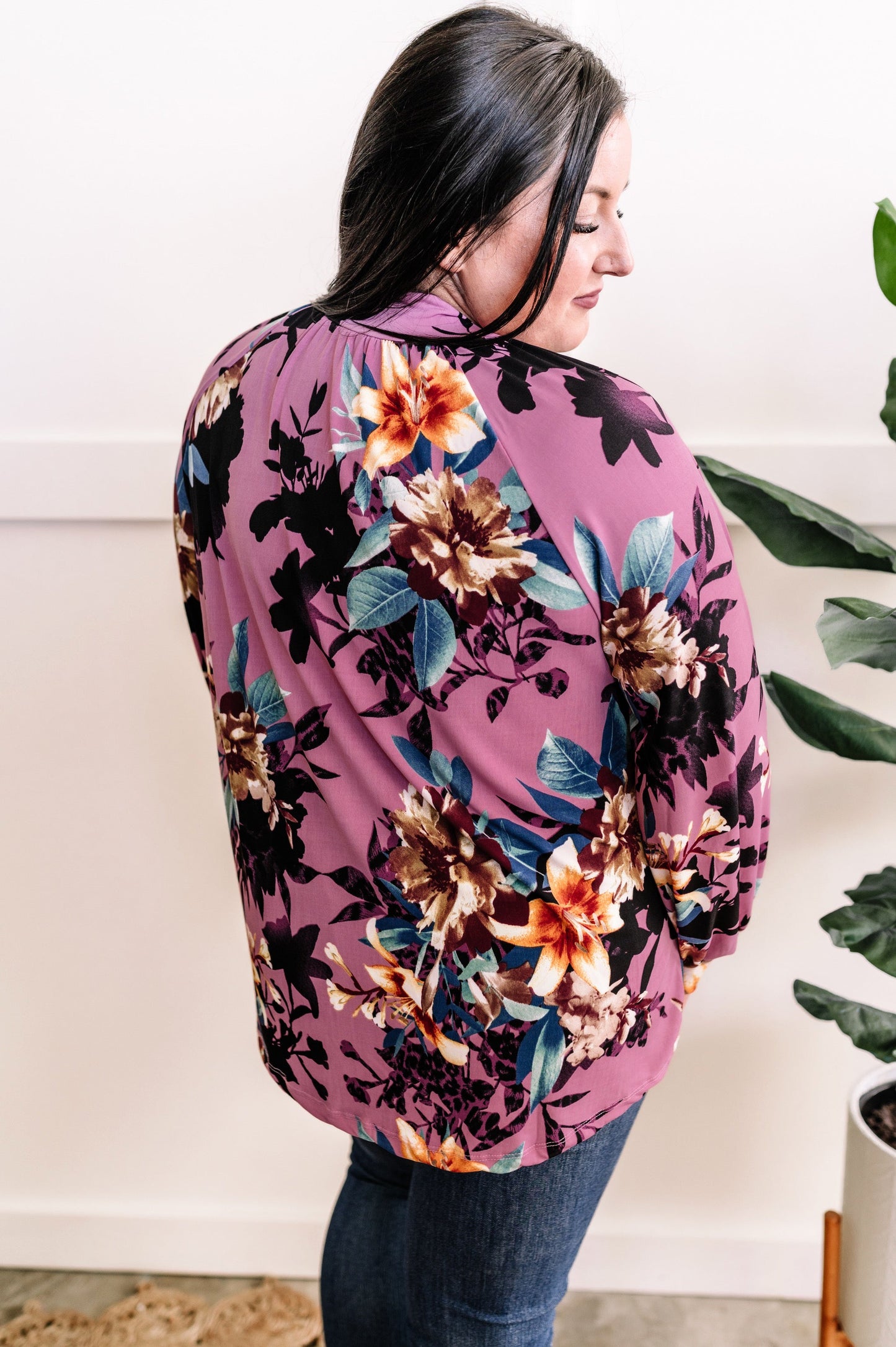 Mock Neck Long Sleeve Floral Top In French Violet 11.20