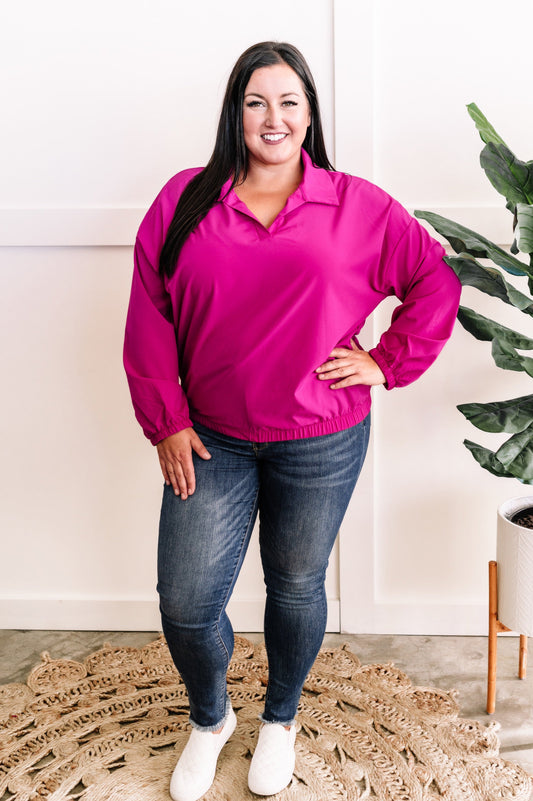 Collared Sporty Top In Bright Fuchsia