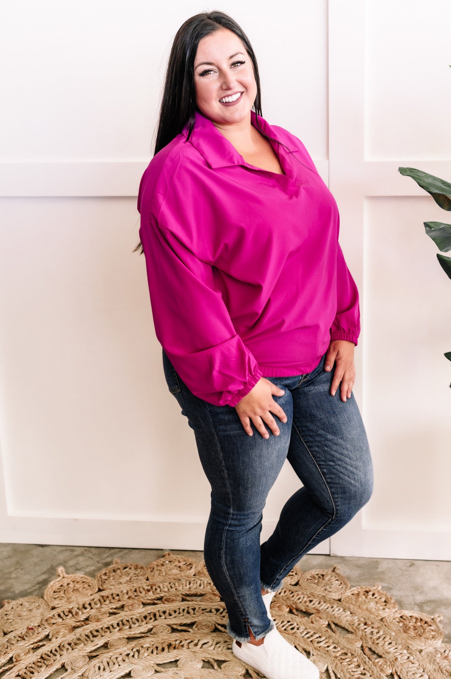 Collared Sporty Top In Bright Fuchsia