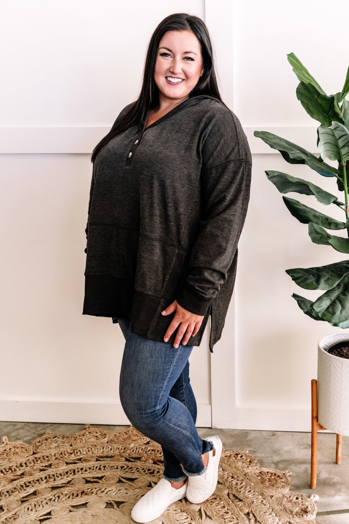 Cozy Oversized Button Front Hooded Pullover In Deep Grey 11.22