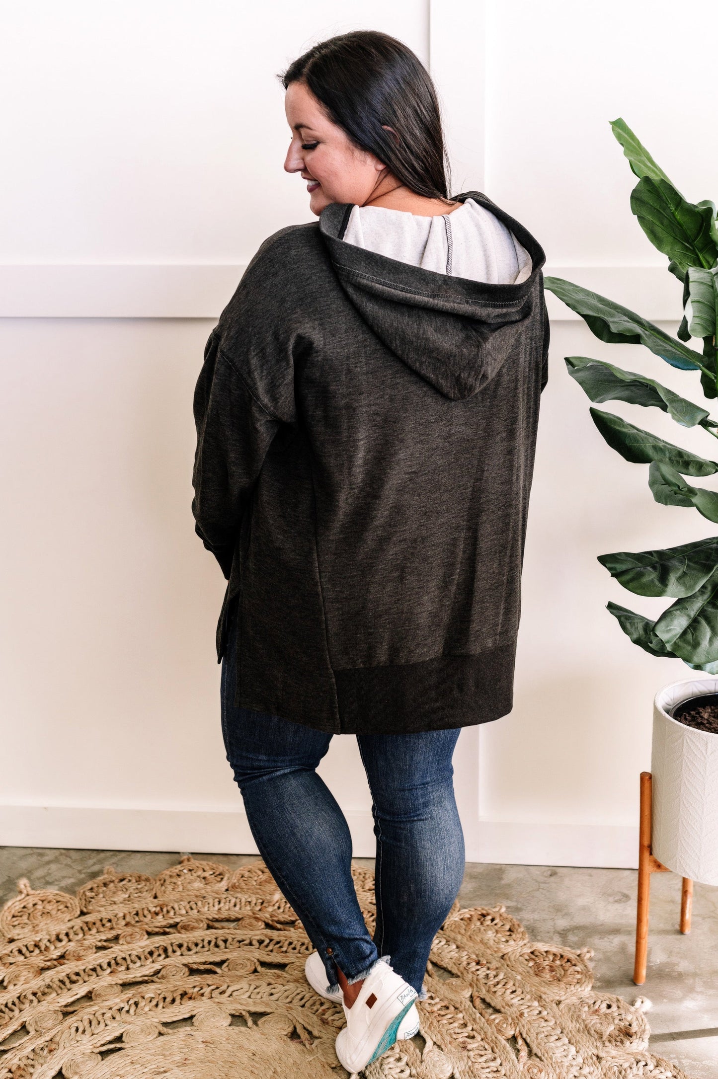 Cozy Oversized Button Front Hooded Pullover In Deep Grey 11.22