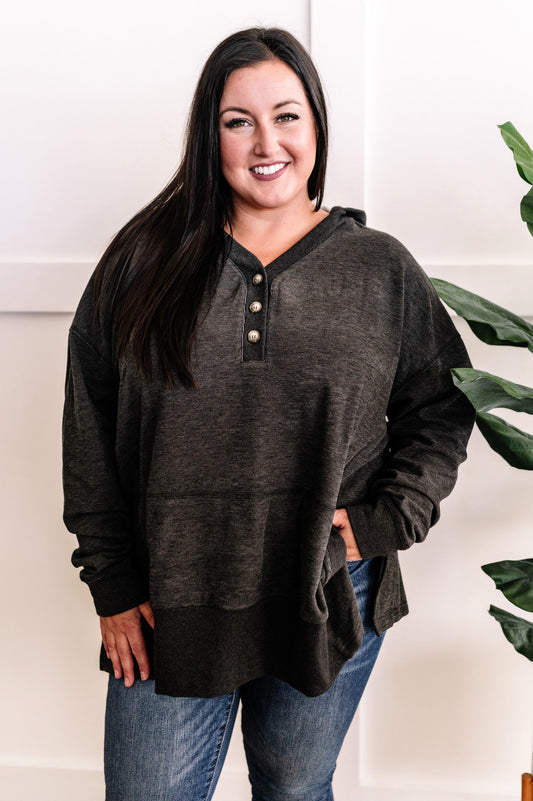 Cozy Oversized Button Front Hooded Pullover In Deep Grey 11.22