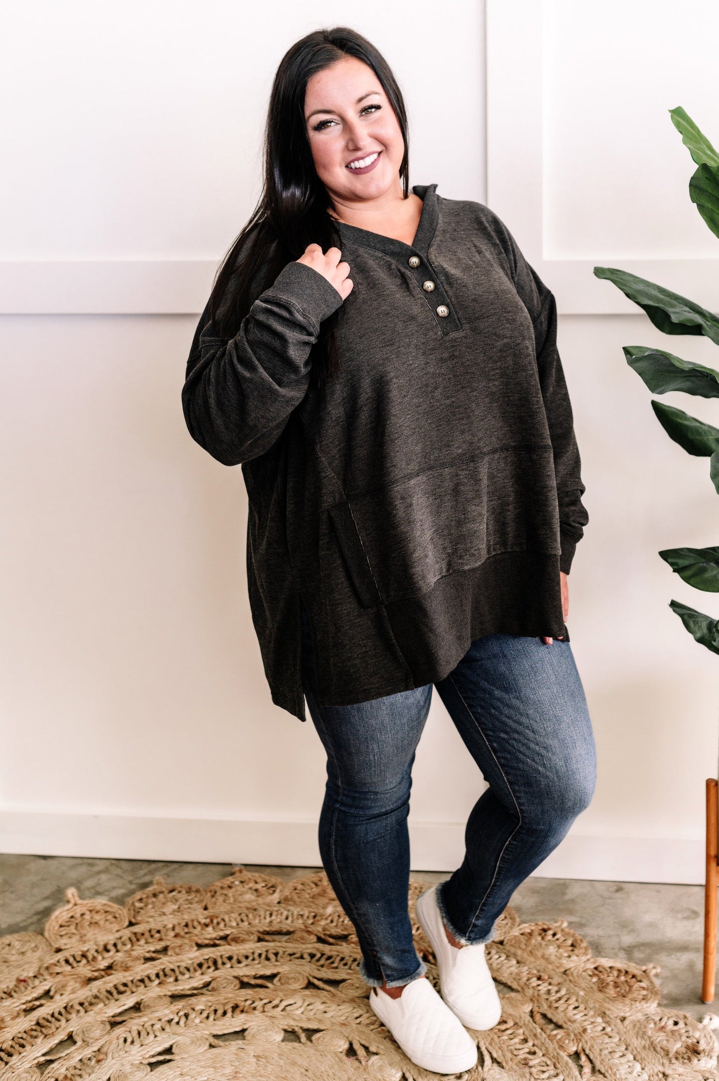 Cozy Oversized Button Front Hooded Pullover In Deep Grey 11.22