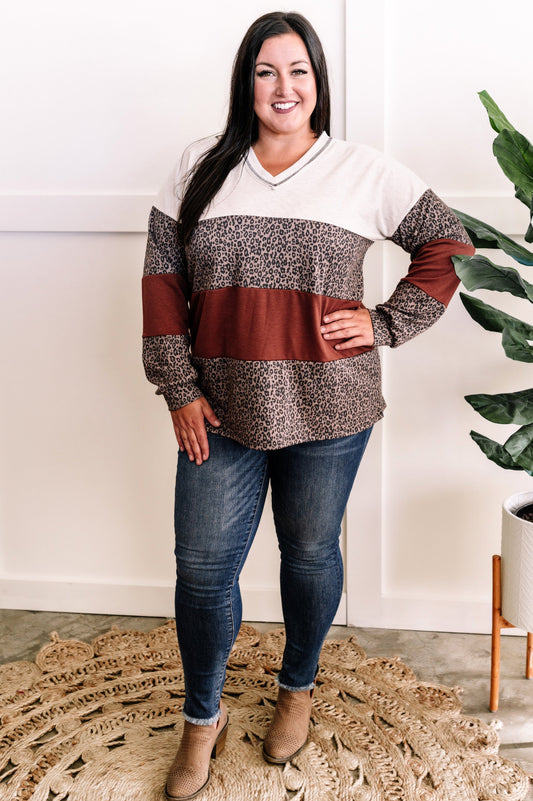 V Neck Long Sleeve Color Block Top In Rust & Neutral Leopard 11.22