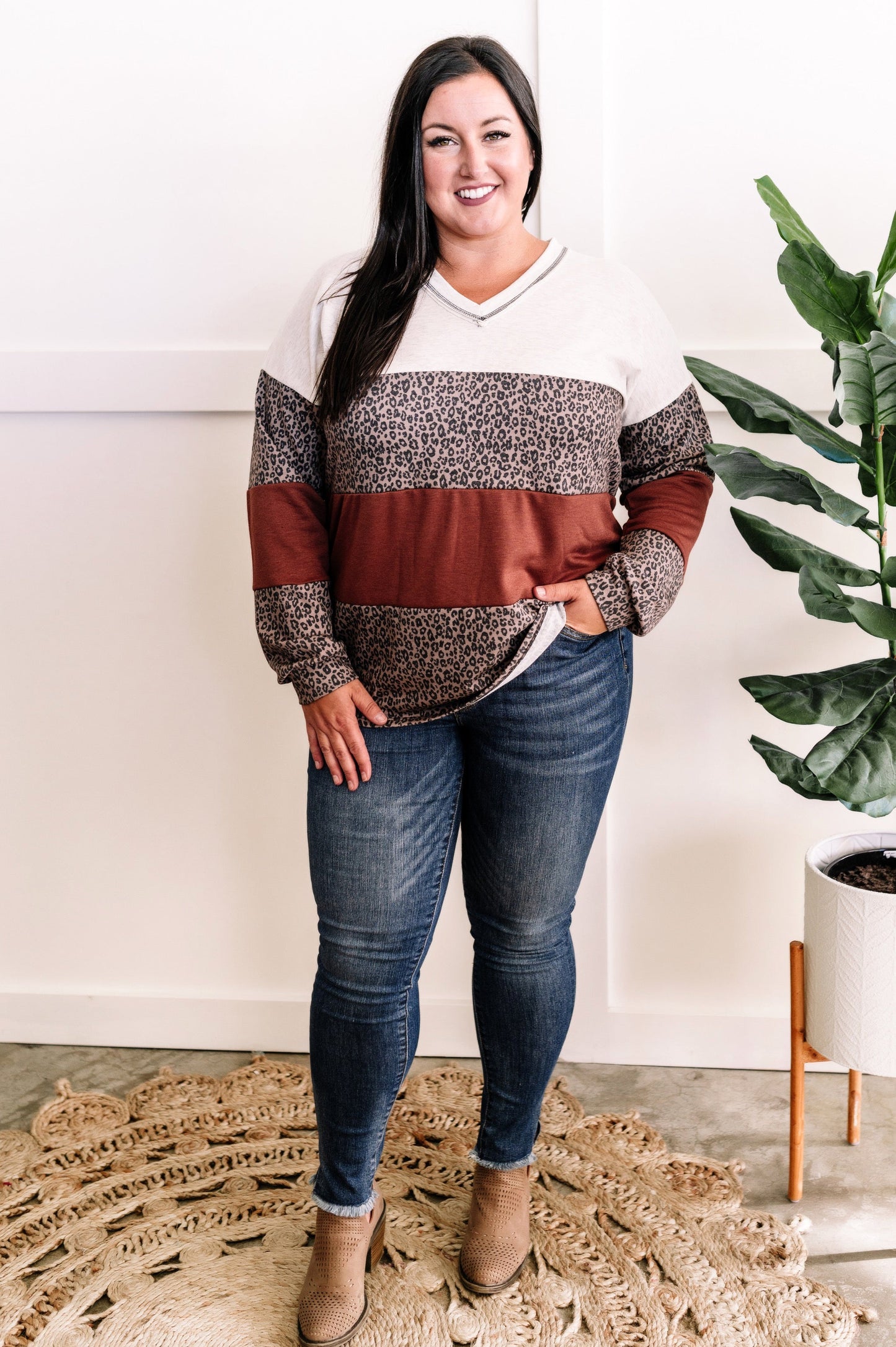 V Neck Long Sleeve Color Block Top In Rust & Neutral Leopard 11.22