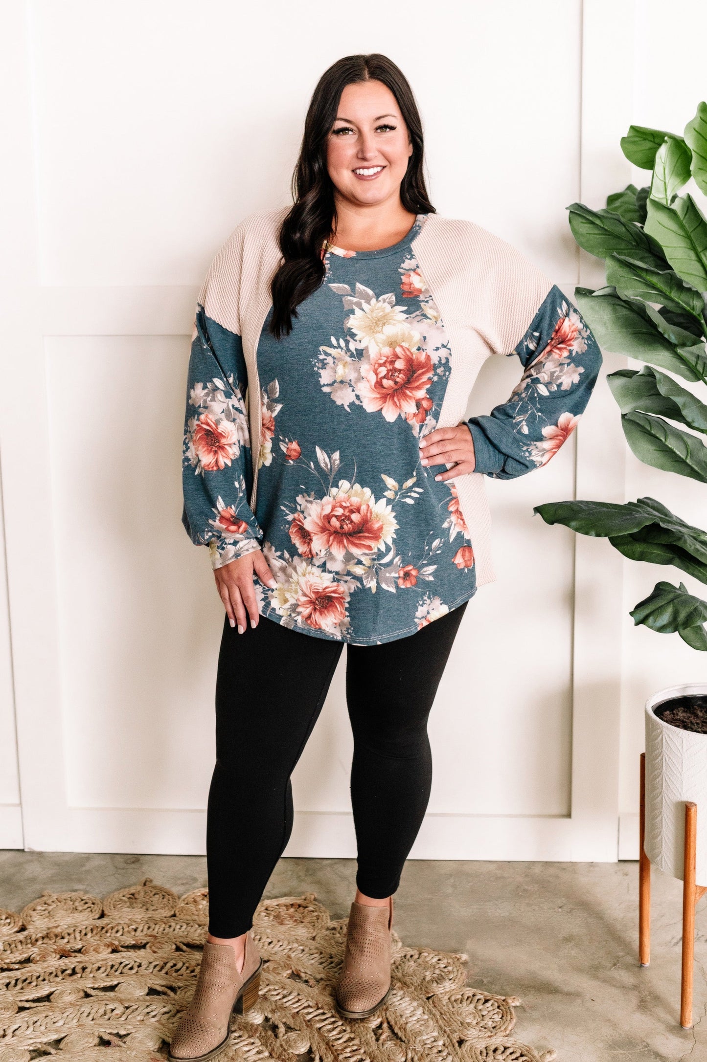 Long Sleeve Color Block Top In Cream With Blue Florals 11.21