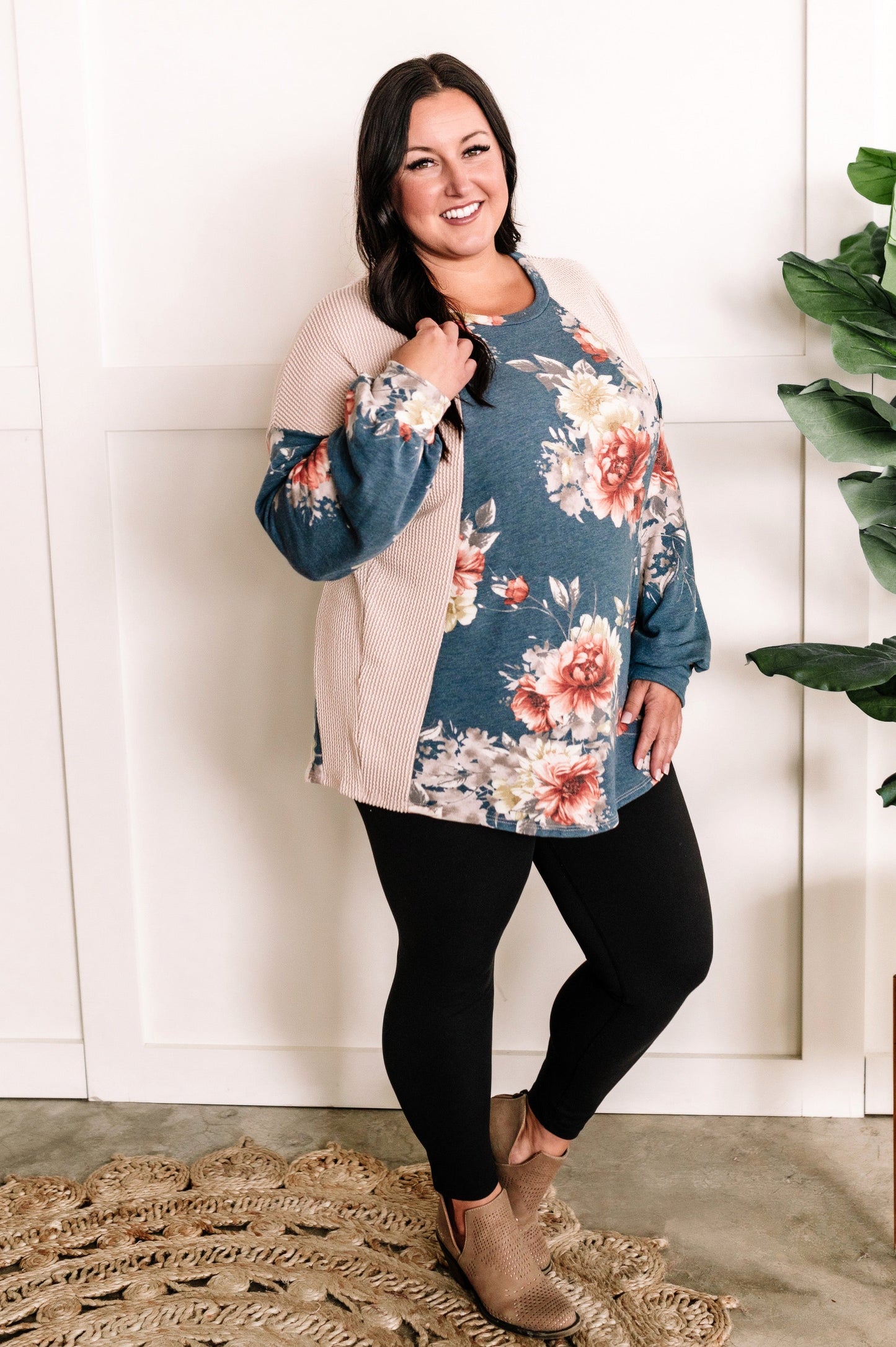 Long Sleeve Color Block Top In Cream With Blue Florals 11.21