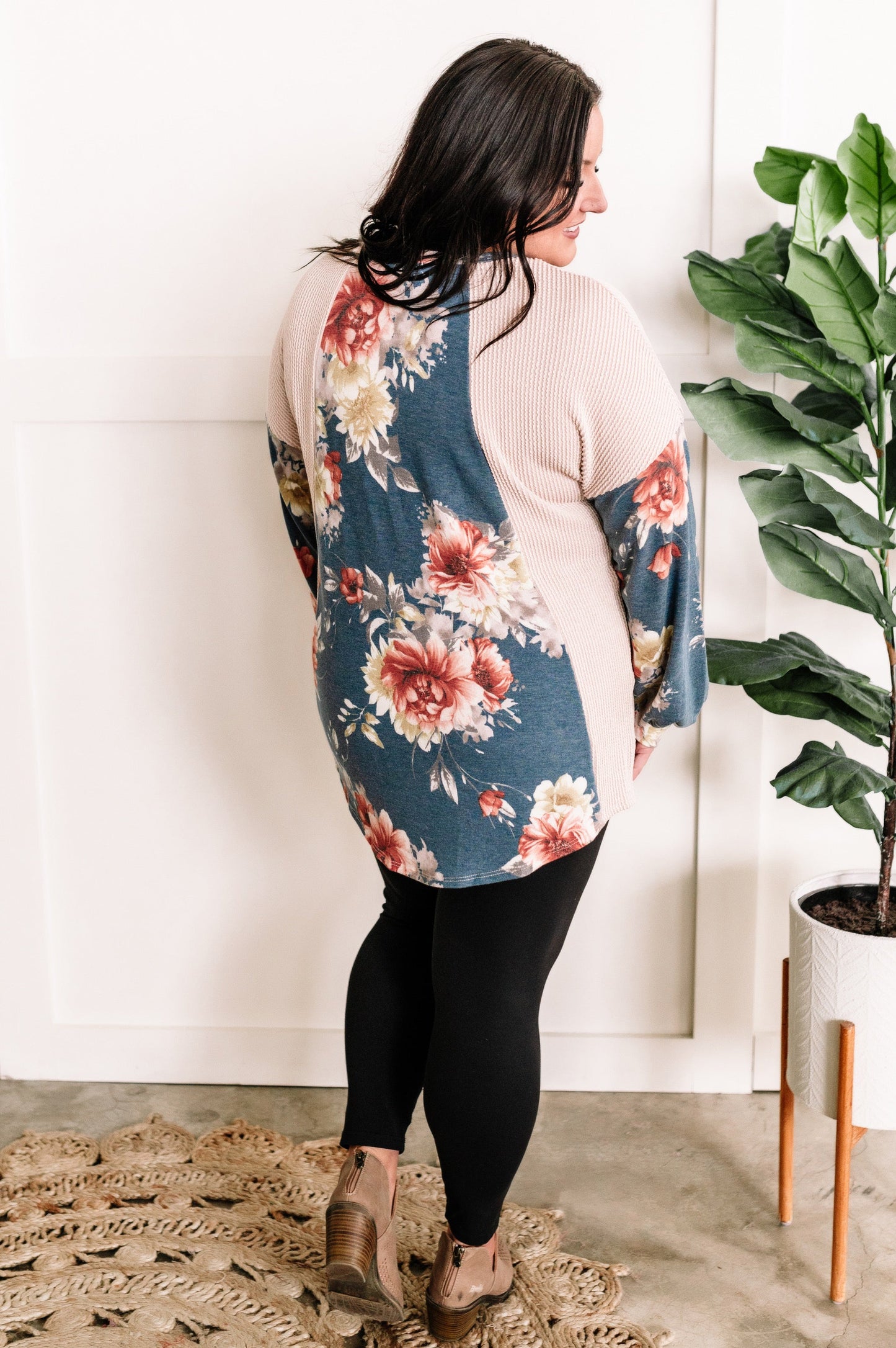 Long Sleeve Color Block Top In Cream With Blue Florals 11.21