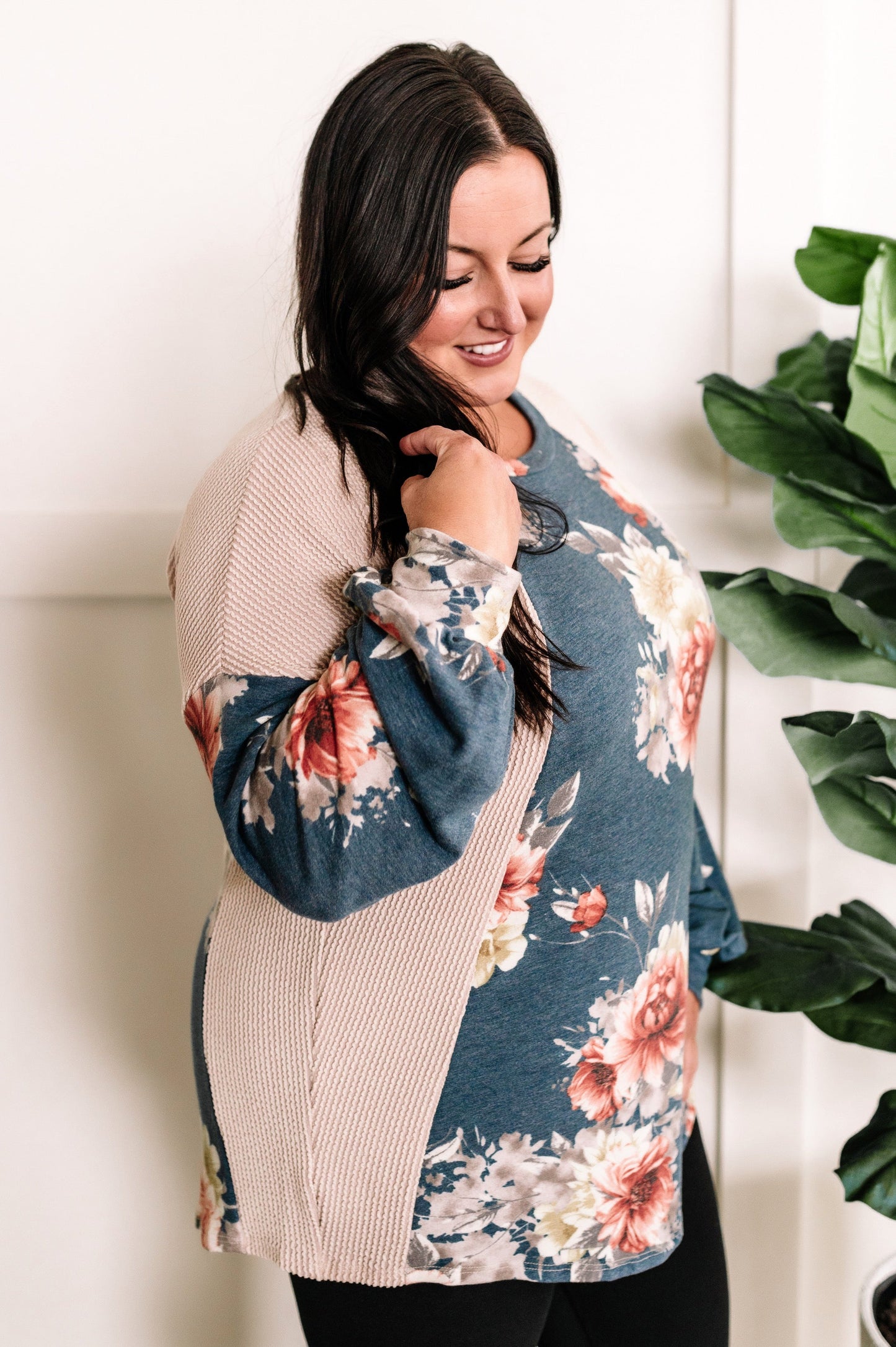 Long Sleeve Color Block Top In Cream With Blue Florals 11.21