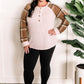 Beige Henley Top With Contrasting Plaid Sleeves