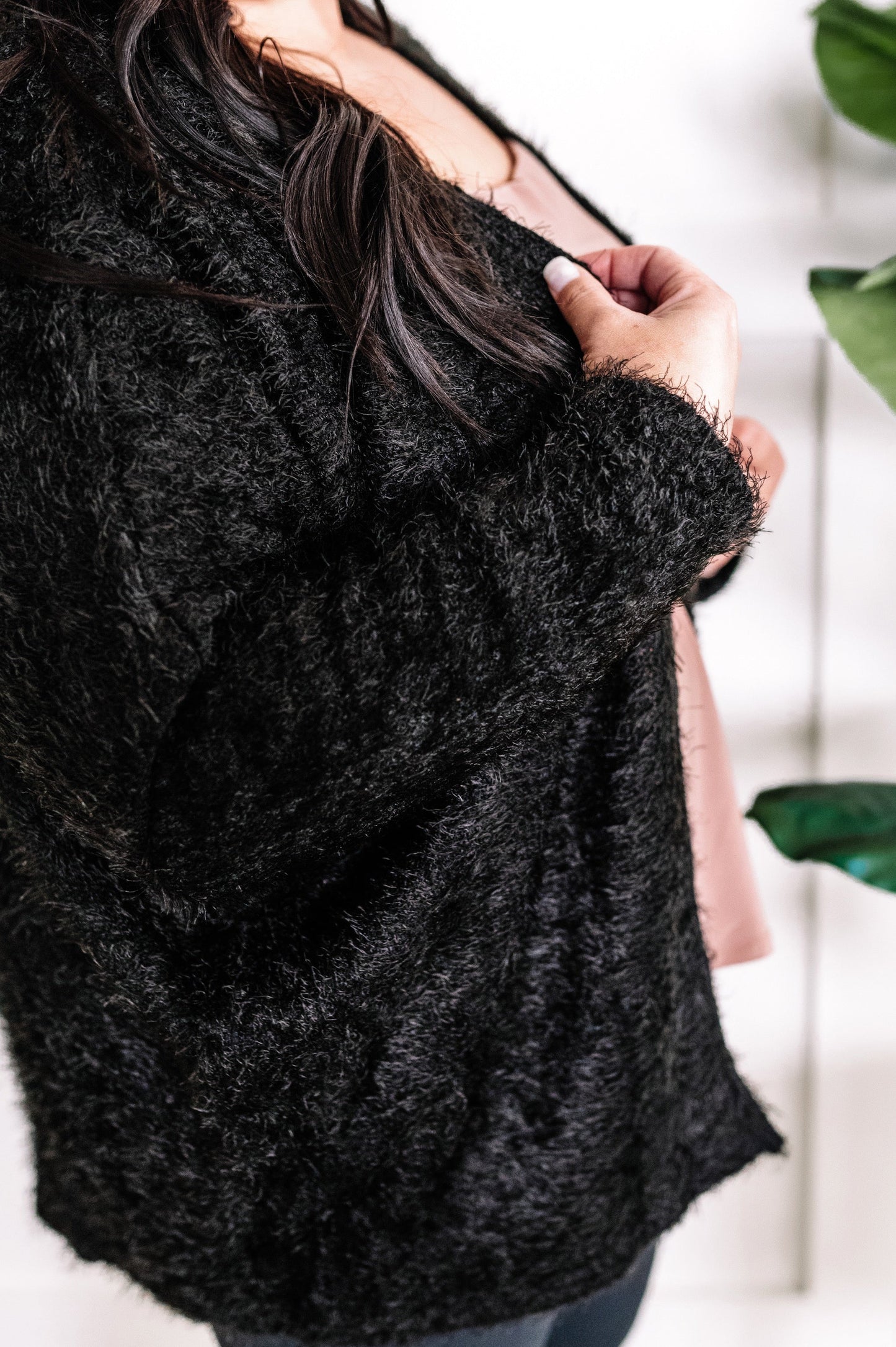 Open Front Feather Cardigan In Black